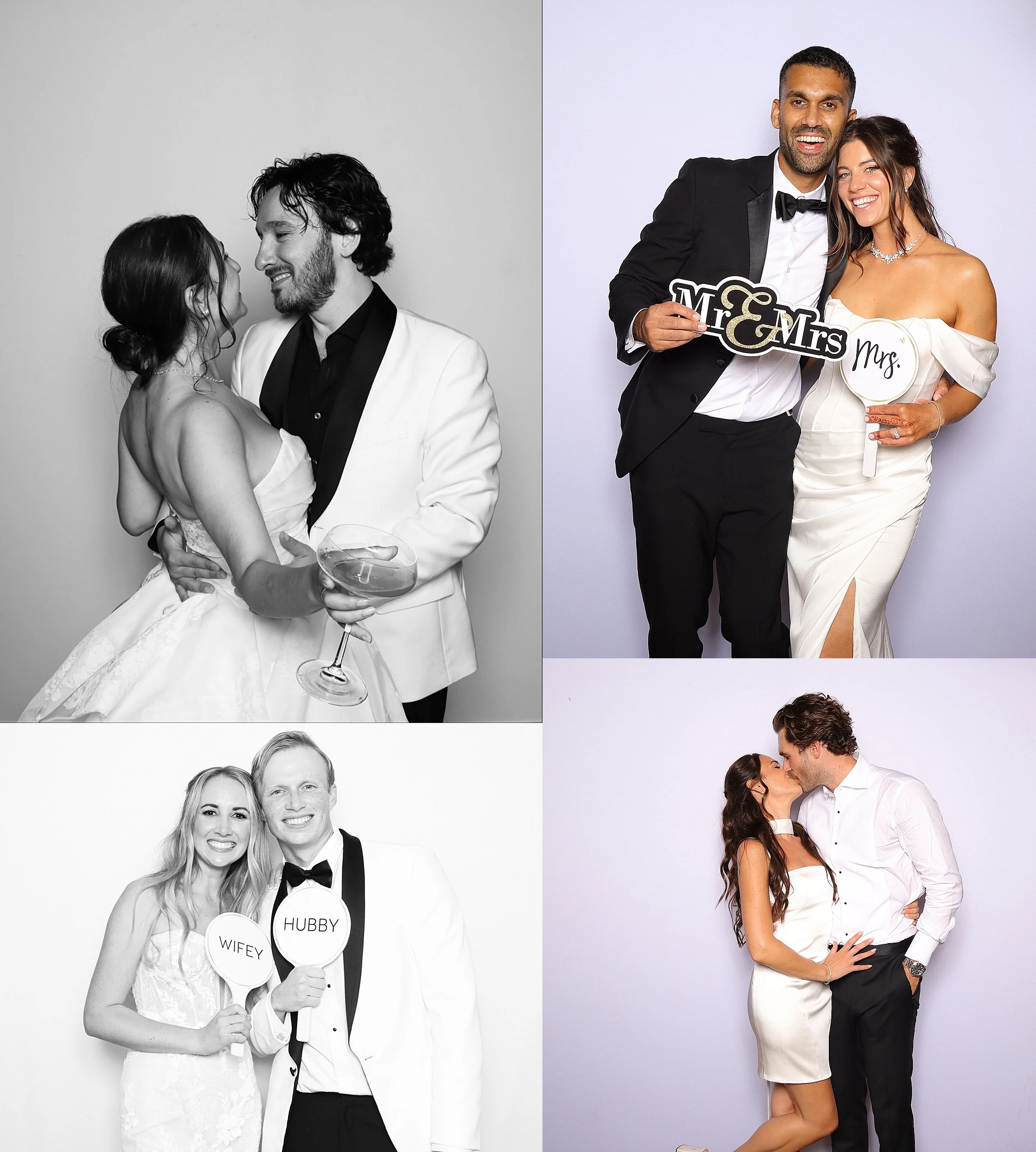 Collage of four wedding photos featuring various couples. Top left: black and white image of a bride and groom looking at each other, the groom holding a champagne glass. Top right: couple in tuxedo and wedding dress holding signs that read 'Mr. & Mrs.' and 'Mrs.' against a plain background. Bottom left: black and white photo of a bride and groom smiling, holding signs that say 'WIFEY' and 'HUBBY.' Bottom right: couple kissing, the woman in a white dress and the man in a white shirt and black pants, against a plain background.
