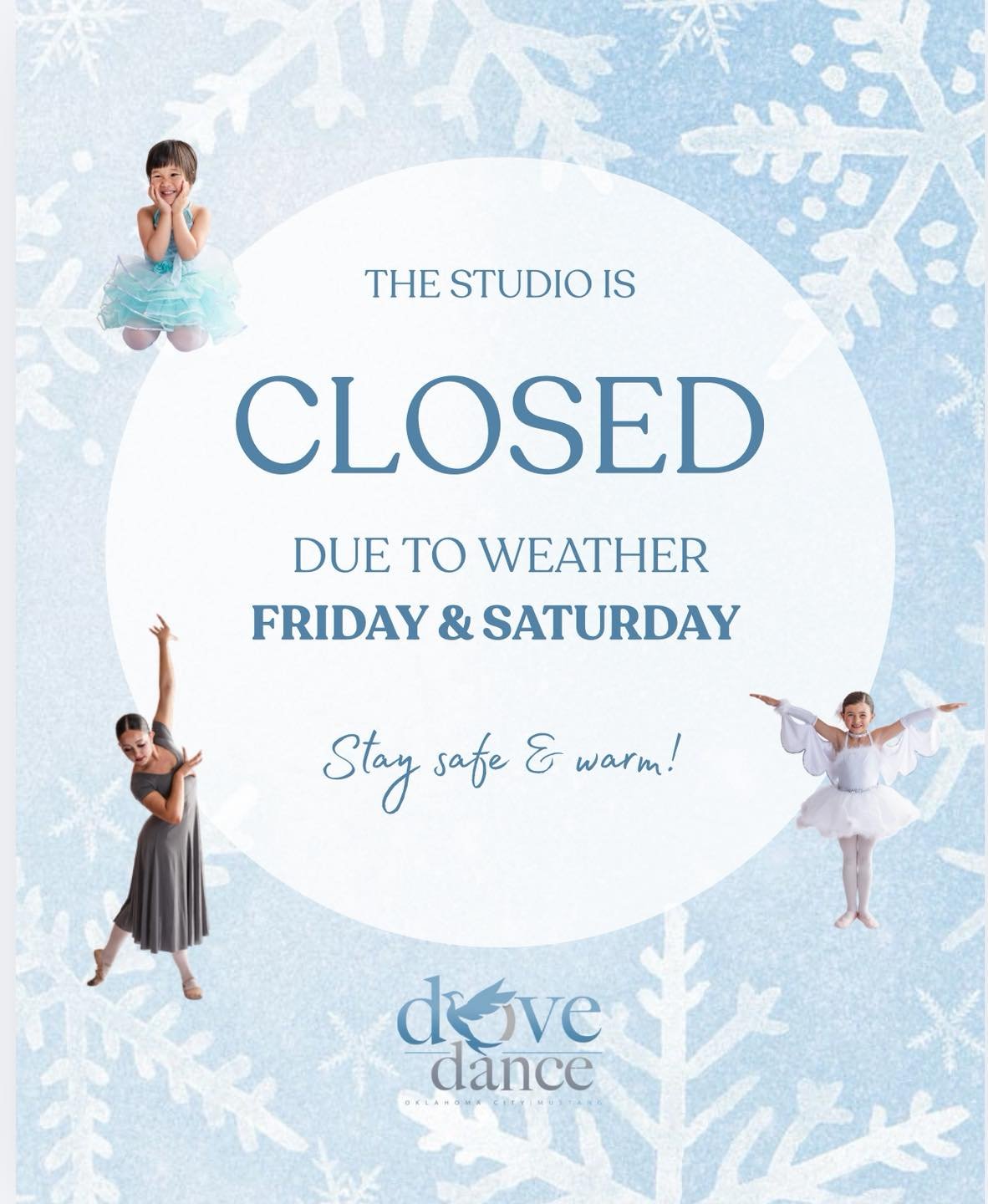 Due to a winter storm warning in effect beginning in the morning, the studio will be closed on Friday, January 23rd and Saturday, January 24 at both locations. This closure includes all classes, private lessons, and group practices. Please stay safe 