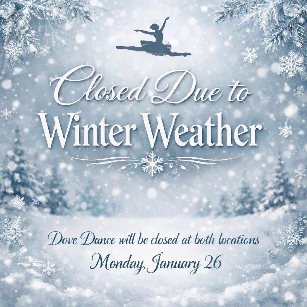 We know it&rsquo;s tempting to get out, but conditions are still unsafe for us to meet. Roads, sidewalks, and parking lots remain snow covered. Dove Dance will be closed today at both locations ❄️💙🌨️