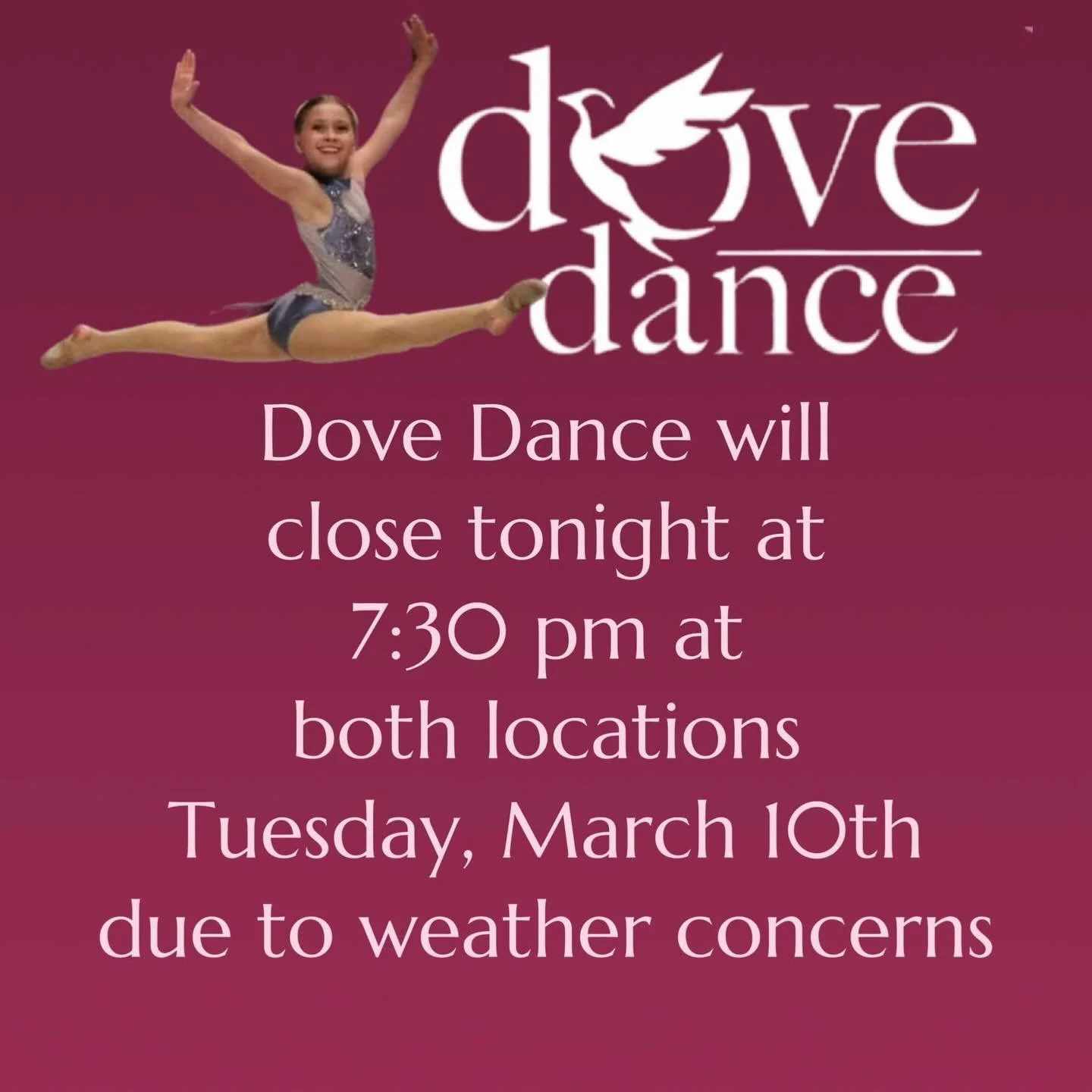 Studio update for tonight! We will be closing at the studio at 7:30 PM. This includes all rehearsals, private lessons, and classes. If you would like to pick up your dancer earlier, you are welcome, but this is when we will close up the studio. Thank