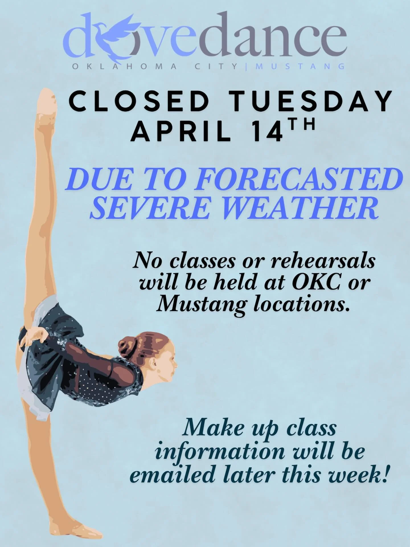 The studio is closed today due to forecasted severe weather 🌧️ the safety of our dancers is our top priority. We&rsquo;ll share updates on makeup classes for tonight later this week&mdash;stay safe and take care!