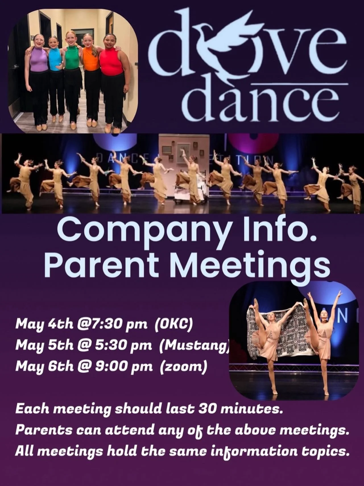 Starting tonight! Company info meetings for our 2026/2027 season! New dancers ages 7 and up are welcome to come and hear about our company. No RSVP needed, just show up!