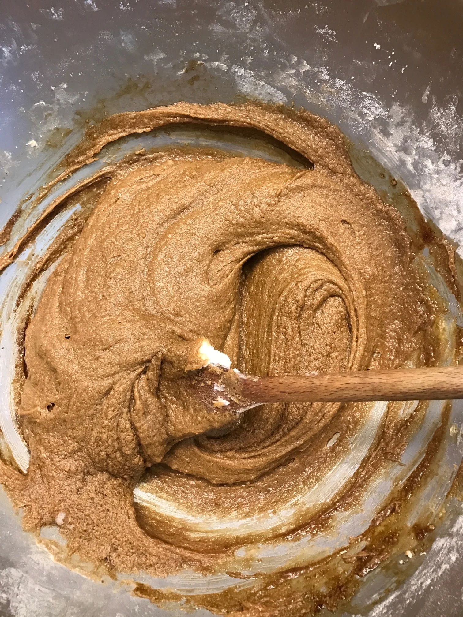 Sugar, and shortening now blended with egg and molasses. 