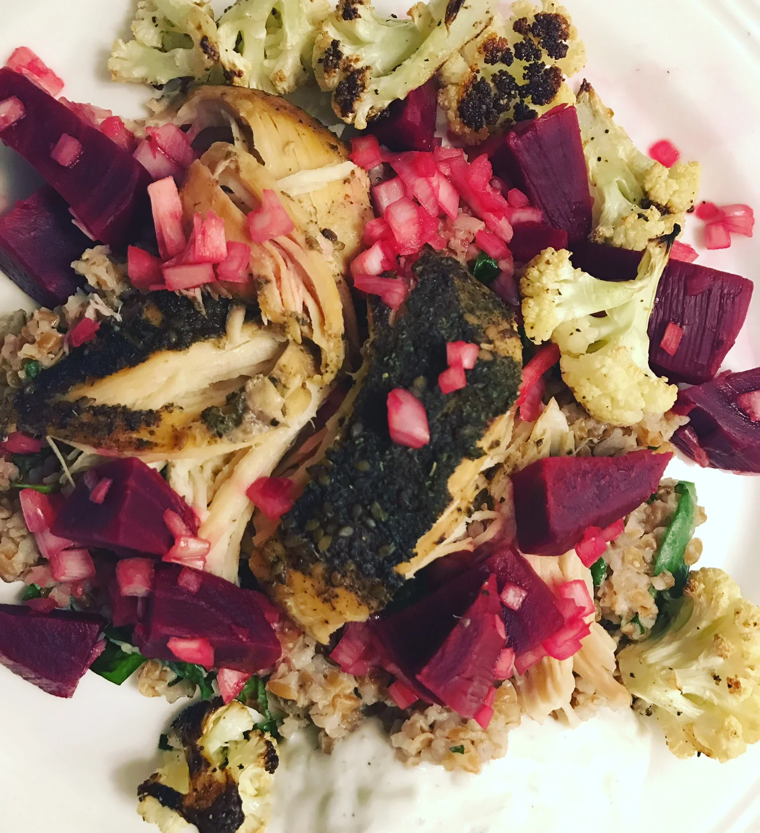 Crockpot Chicken Za'atar over Bulgur Spinach Salad, Marinated Fresh
