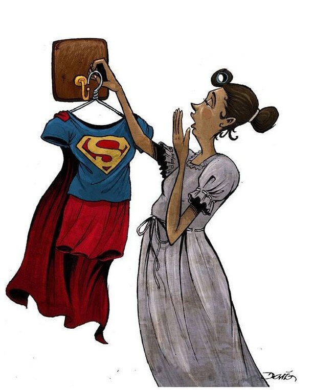 I love this art by Dario Castillejos, depicting the 2 identities expected of women - mother(i.e. nurturer of others) and superhero (saviour of others). Just like this picture, it's exhausting. It's unrealistic. It's not all that there is to women!

W