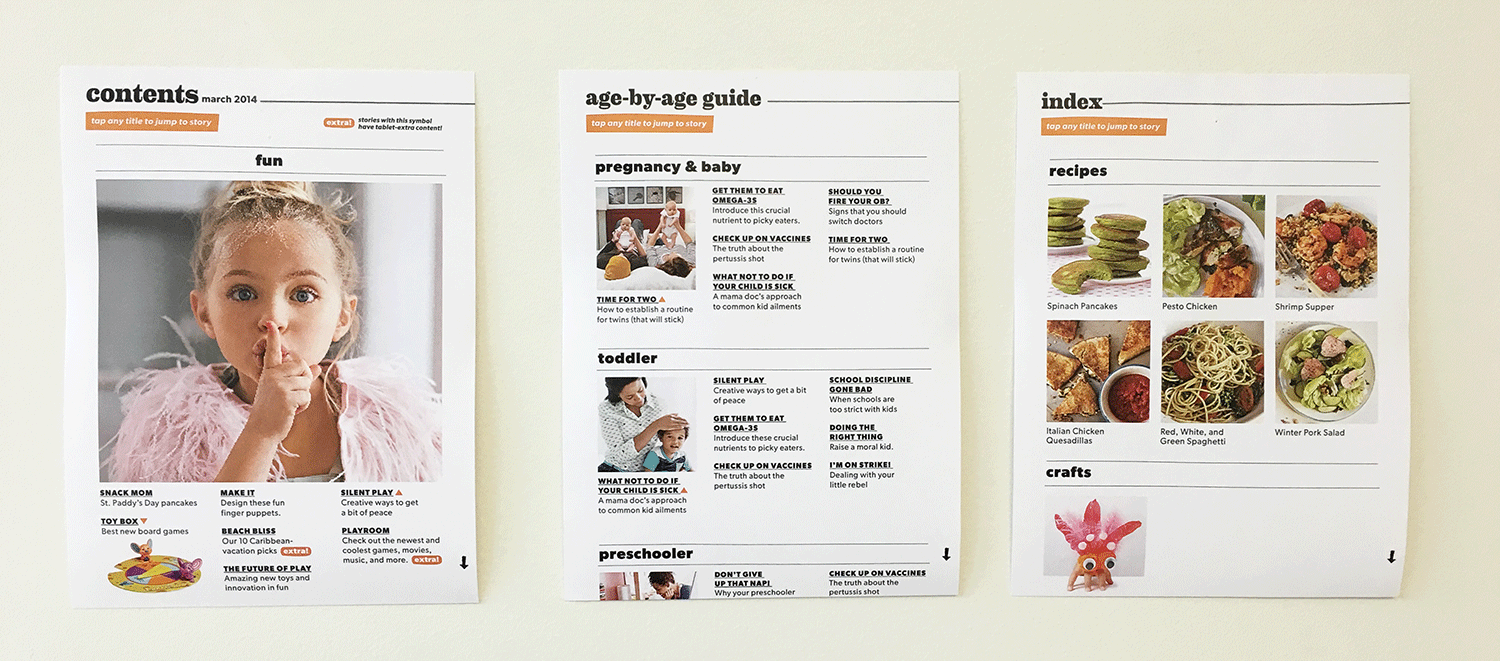     Here is an example of the redesigned  Contents  and  Age-by-age  guide, and  Index &nbsp;pages based on the earlier prototypes. All of the articles are listed on each page, and the reader can see the whole issue at a glance. We stuck with black t