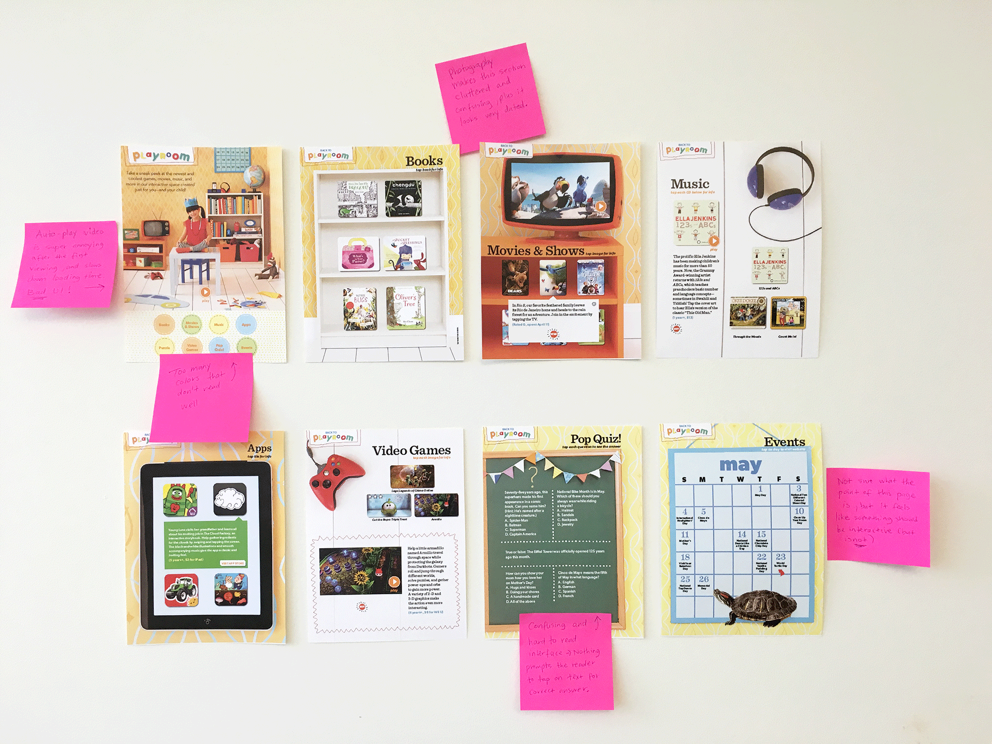     Playroom Redesign   Another area that needed rethinking was the Playroom section. This was an 8-page roundup of the latest children's books, movies, music, video games, along with a quiz and monthly calendar. When landing on the opening page of 