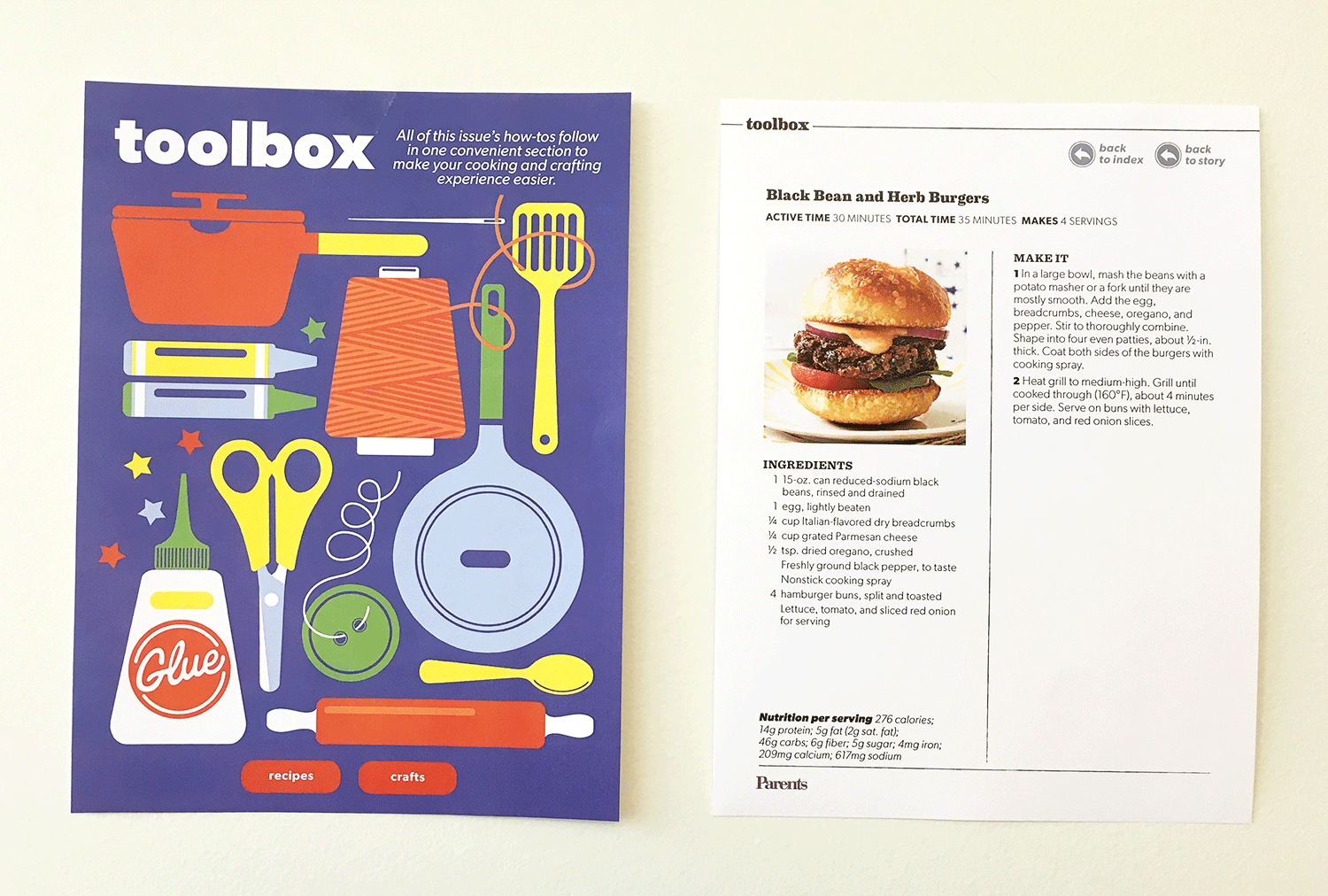      New Section: Toolbox   Another navigational enhancement we did was to create a section called Toolbox at the back of the issue, to house all of the  recipes and craft project instructions . We loved working with illustrator Lucy Vigrass on the P