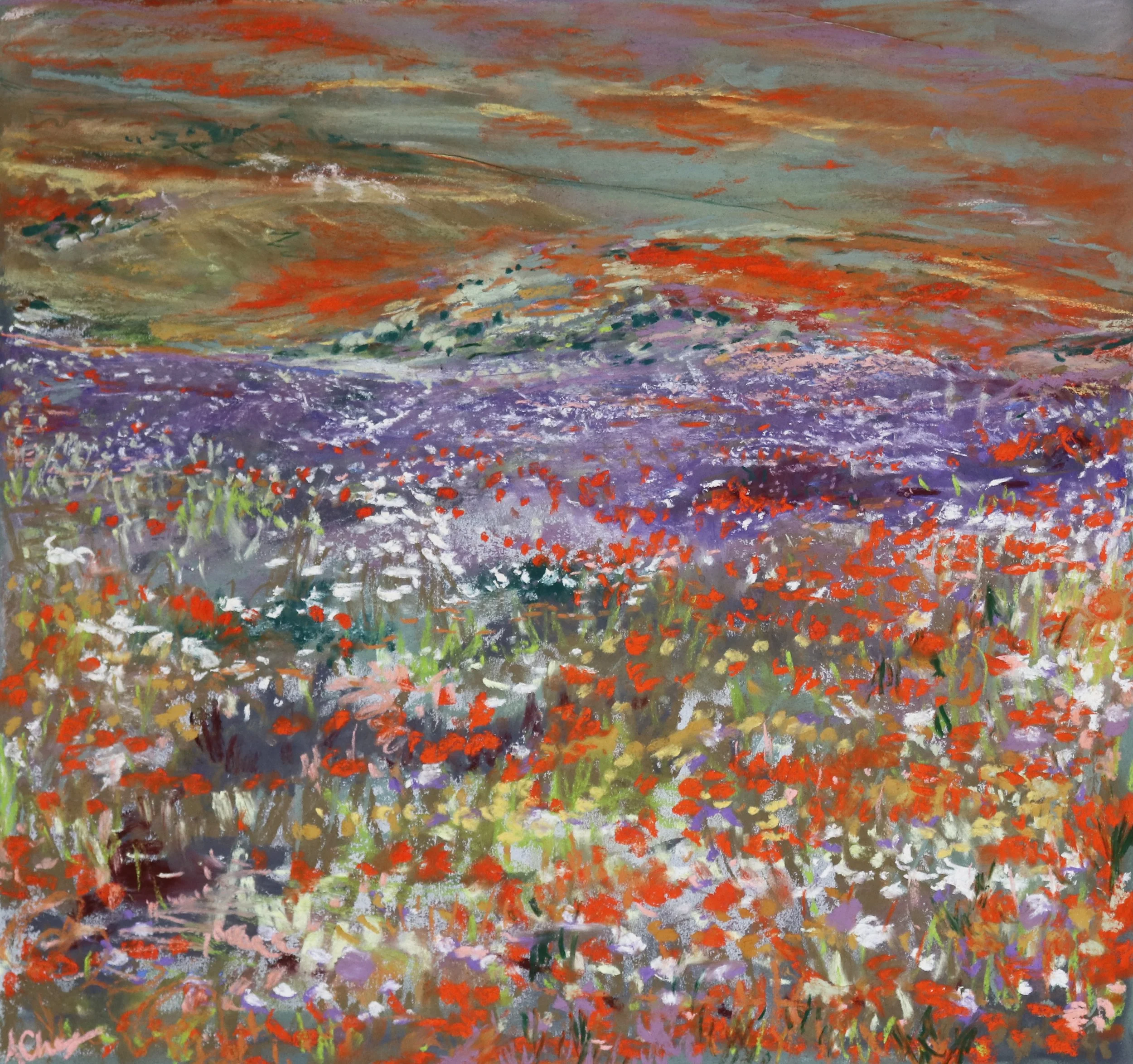 Poppies N.3, Pastel on Paper, 18x18”, 2025