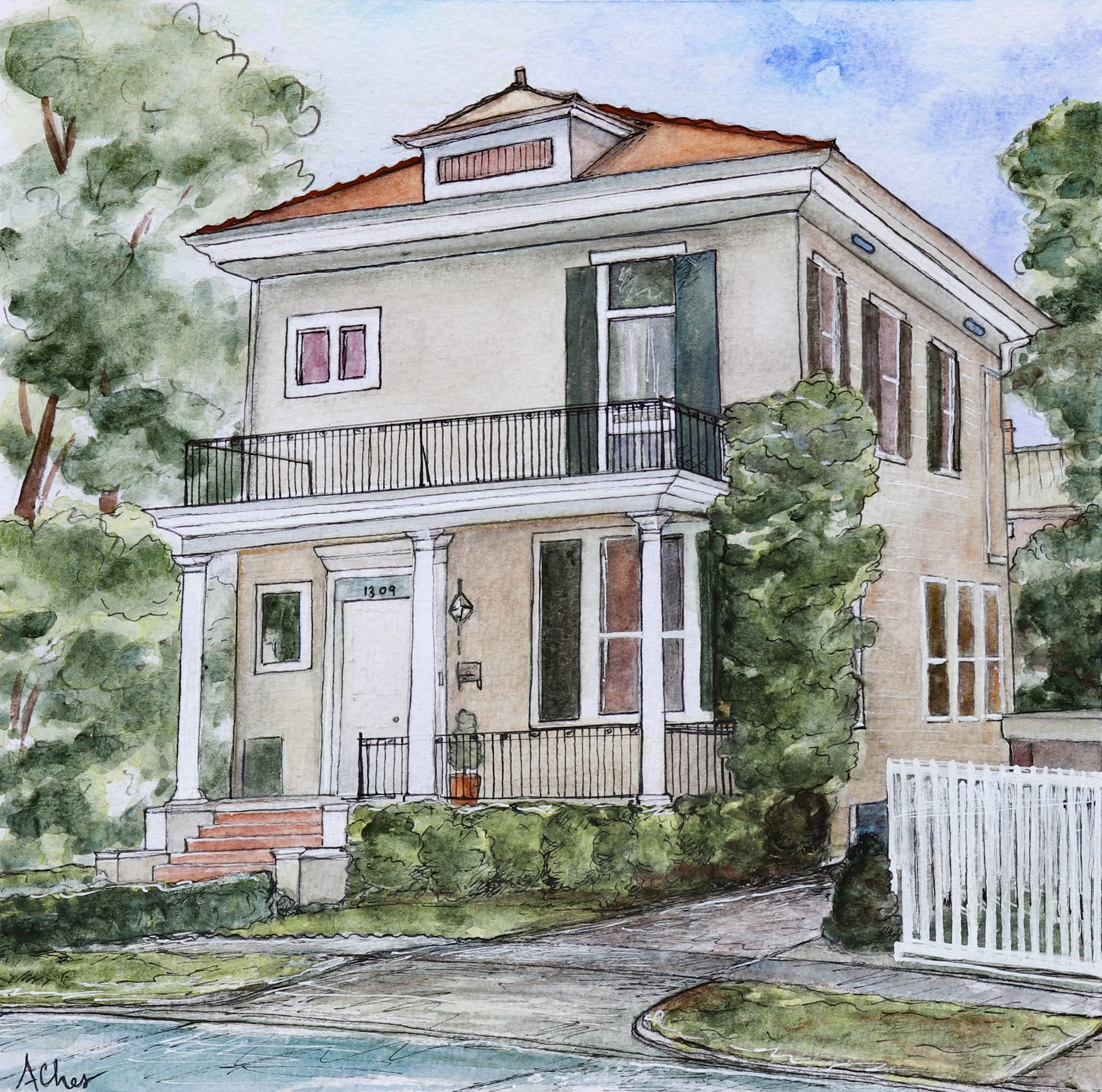 New Orleans House, Watercolor and Pen on Paper, 2026