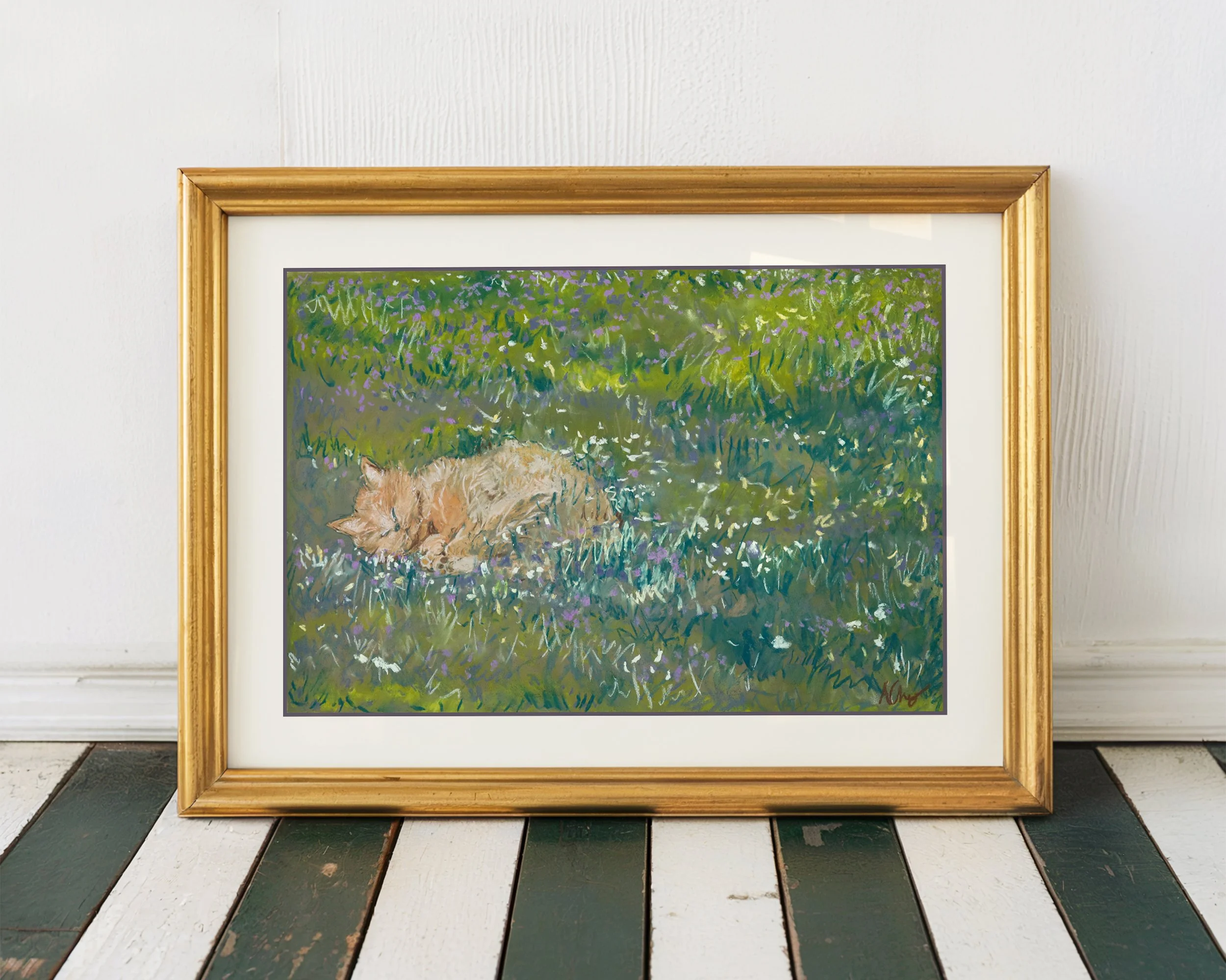 Cat Field Painting CottageCore Cozy Art Gold Frame Purple Mat.jpg