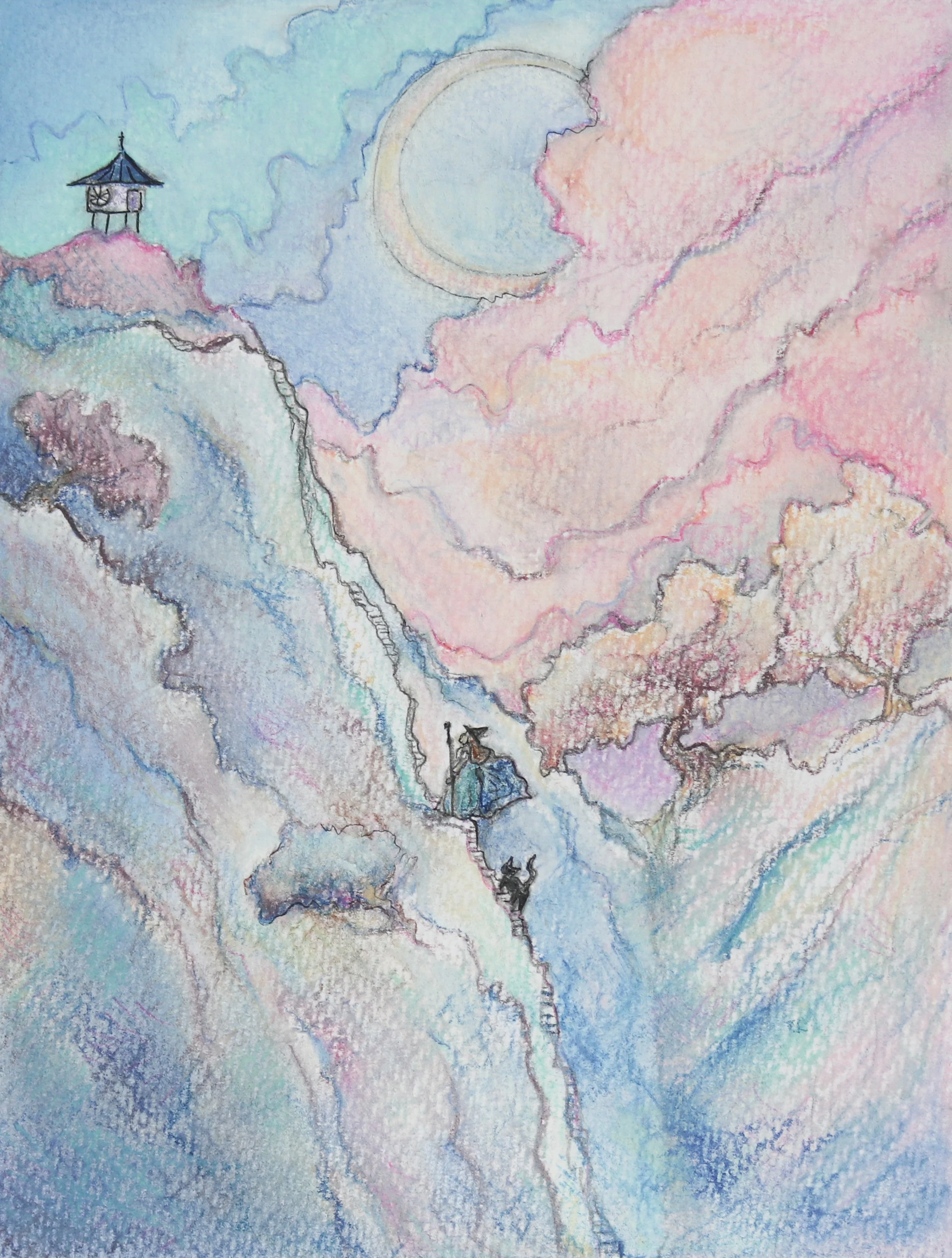 Fantasy Mountain Pastel Landscape, Witch and Black Cat Familiar, Art Print Avery Ches
