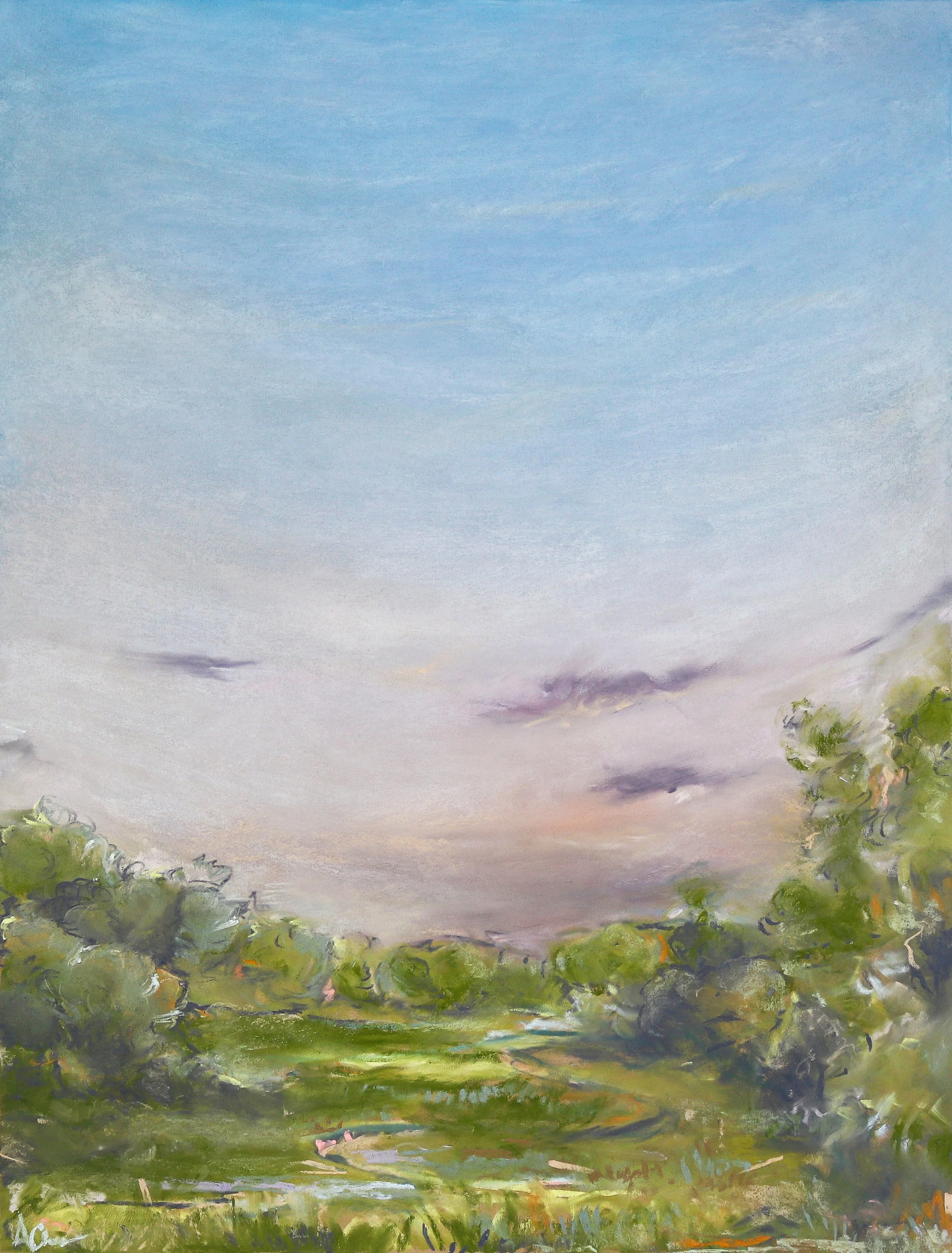 Framed Riverbend Bayou pastel print in light wood frame with white mat, New Orleans sunset landscape wall art featuring soft marsh greens, blue sky, and dreamy southern scenery.