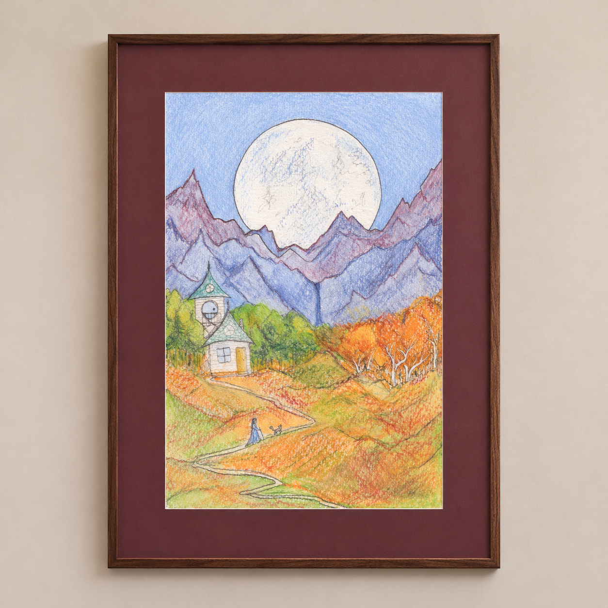 Autumn Moonlit Cottage, Mountain Witch & Wolf Art Print