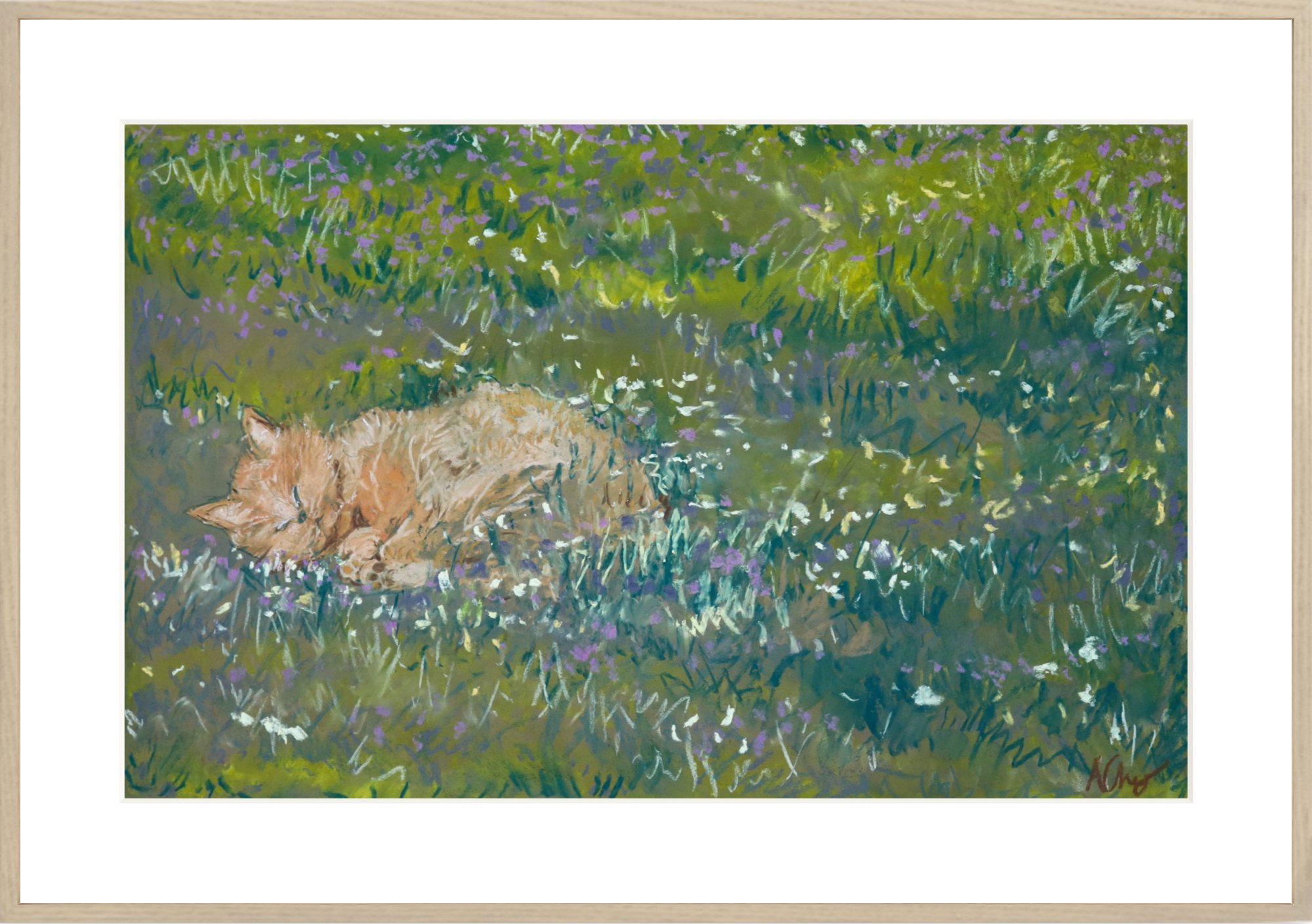 Cat in a field framed mat natural wood cottage cat core art gift.png