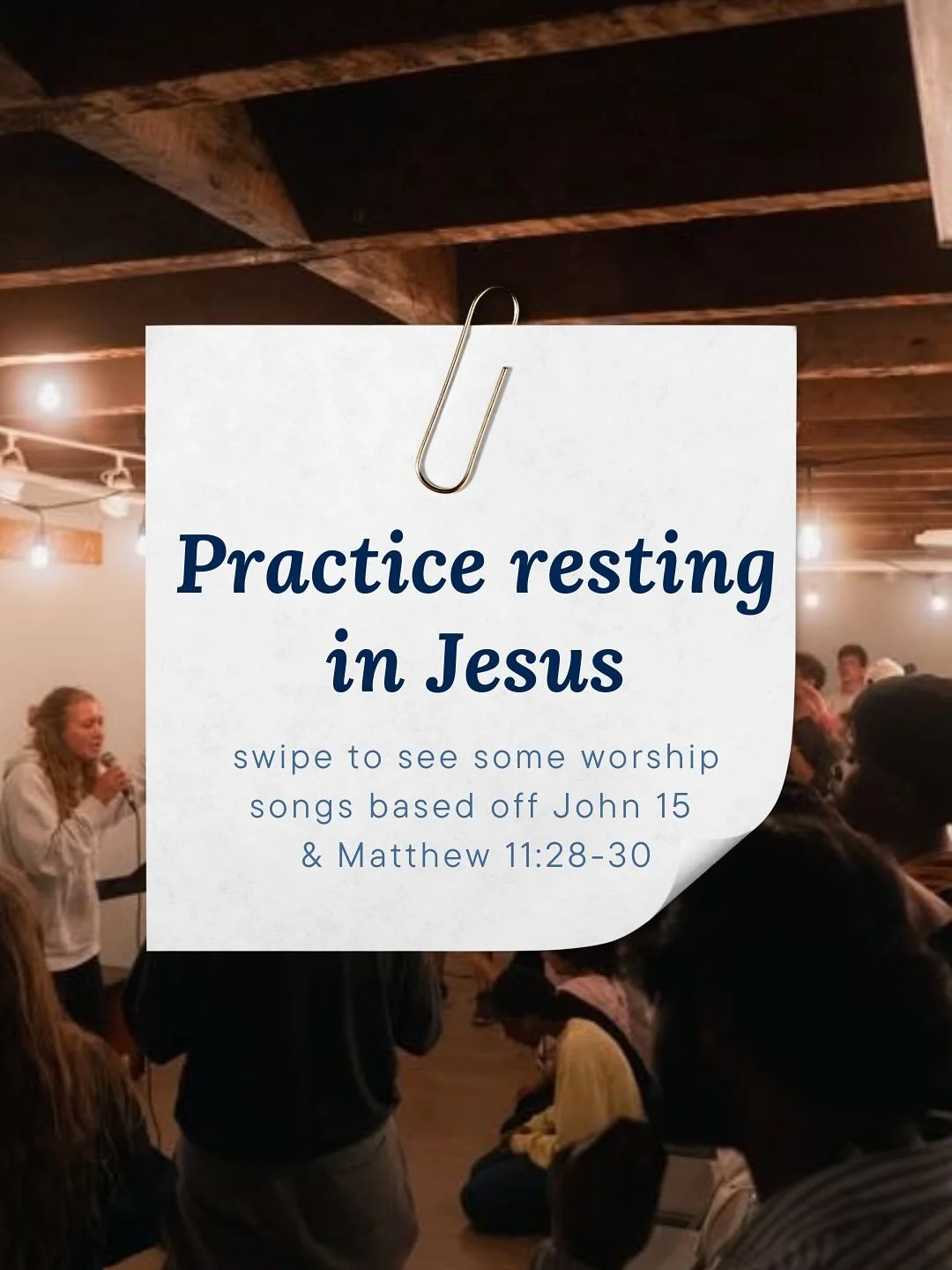 This week in small group we are looking at John 15 &amp; Matthew 11:28-30! Take a moment to practice resting in Jesus by pausing your day and listening to a worship song. 

Swipe to see some songs inspired by this week&rsquo;s passages!