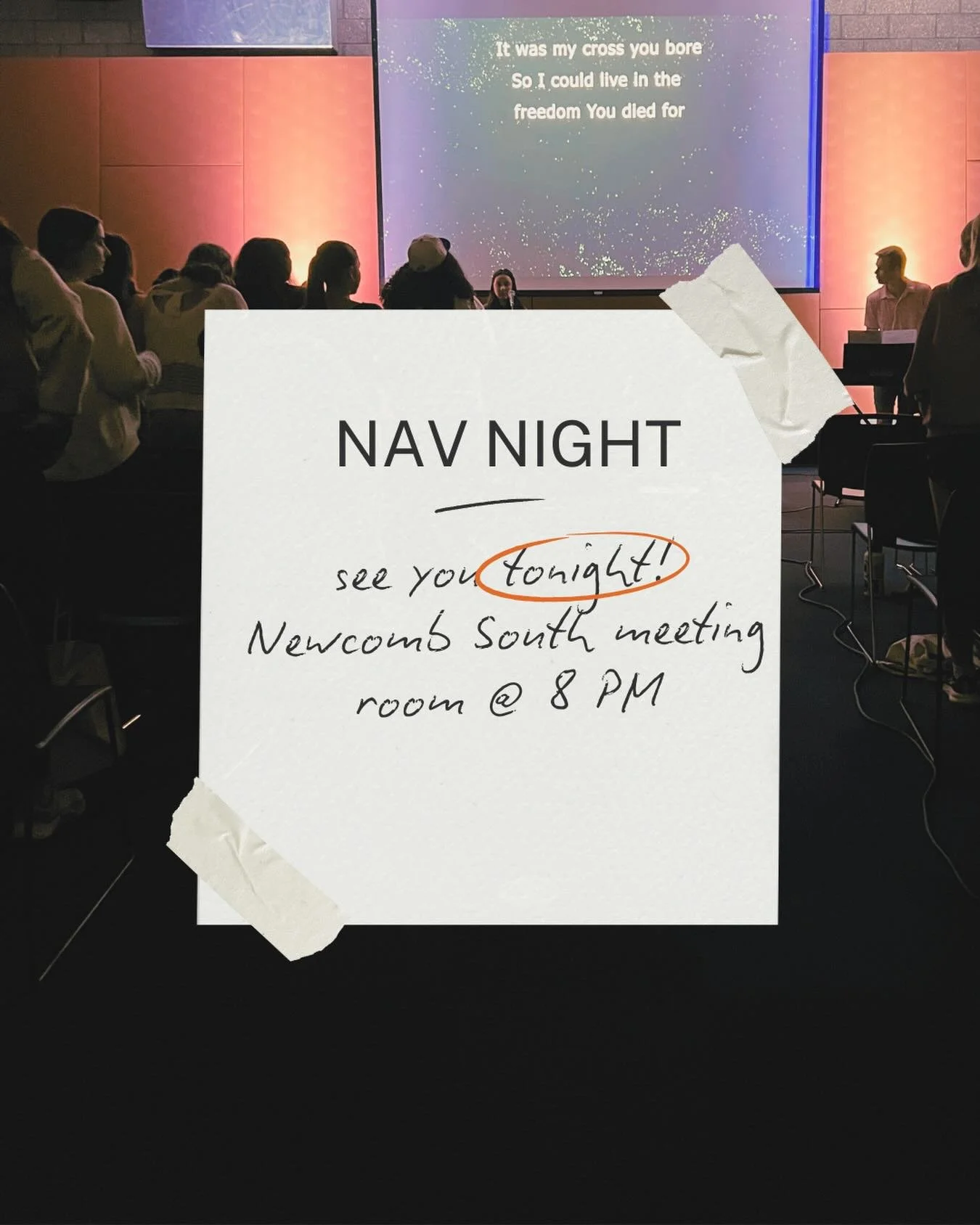 First nav night of spring semester 🎉
We can&rsquo;t wait to worship with you tonight, we will see you at 8 pm in the South meeting room.
