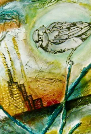 "distant city" mixed media