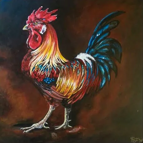 Rooster Wine Label on limestone tile 