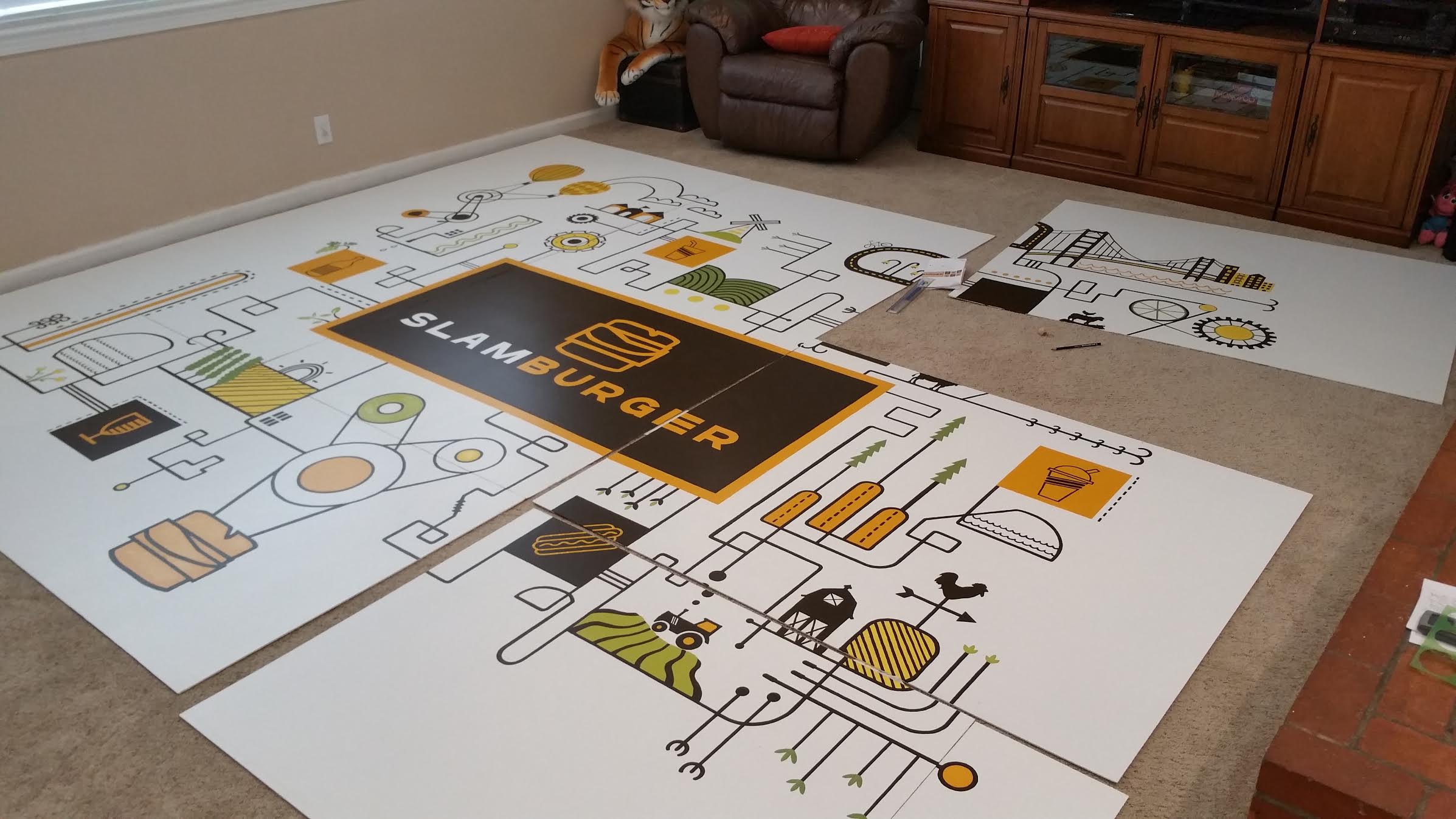 mural was created in pieces on the floor