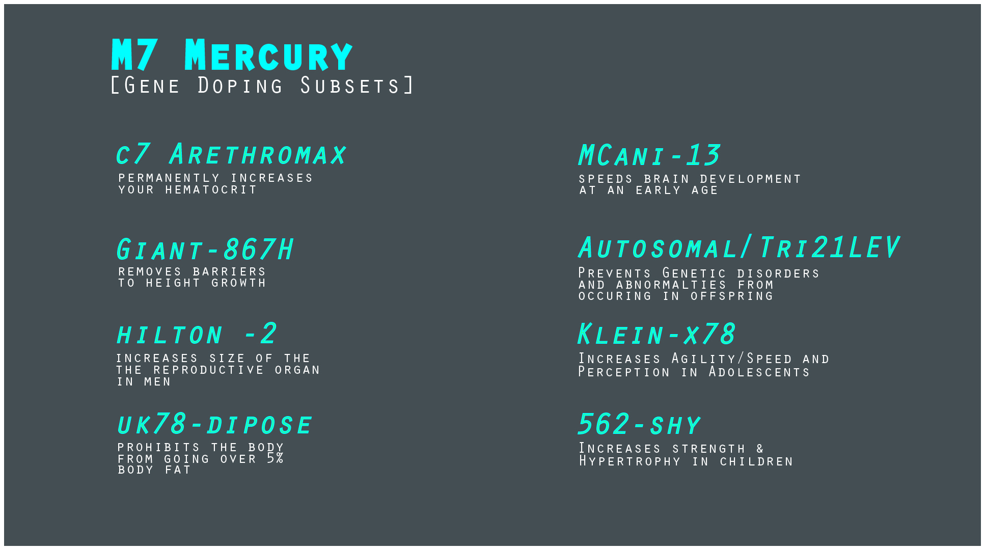 Subsets and descriptions of the newly developed M7 Mercury Gene Doping Strands for children. 
