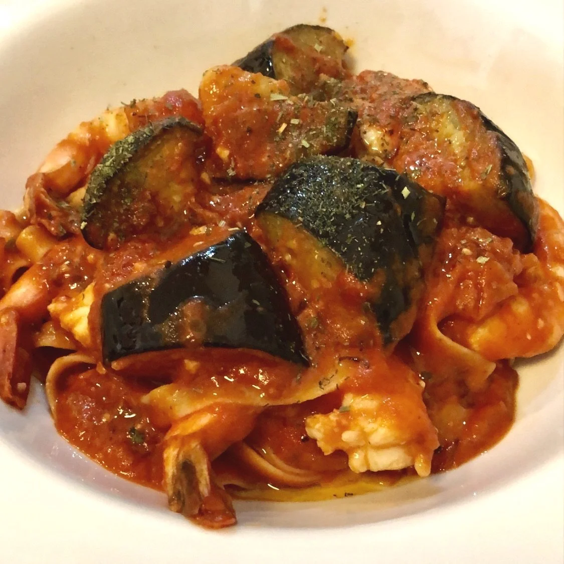 Tagliatelle con Gamberi e Melanzane