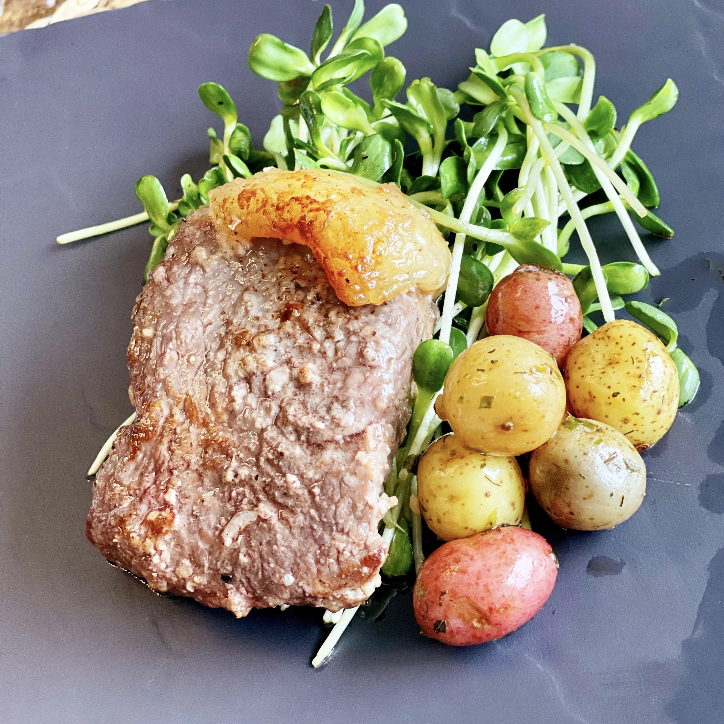 Rice malt marinated NY strip steak