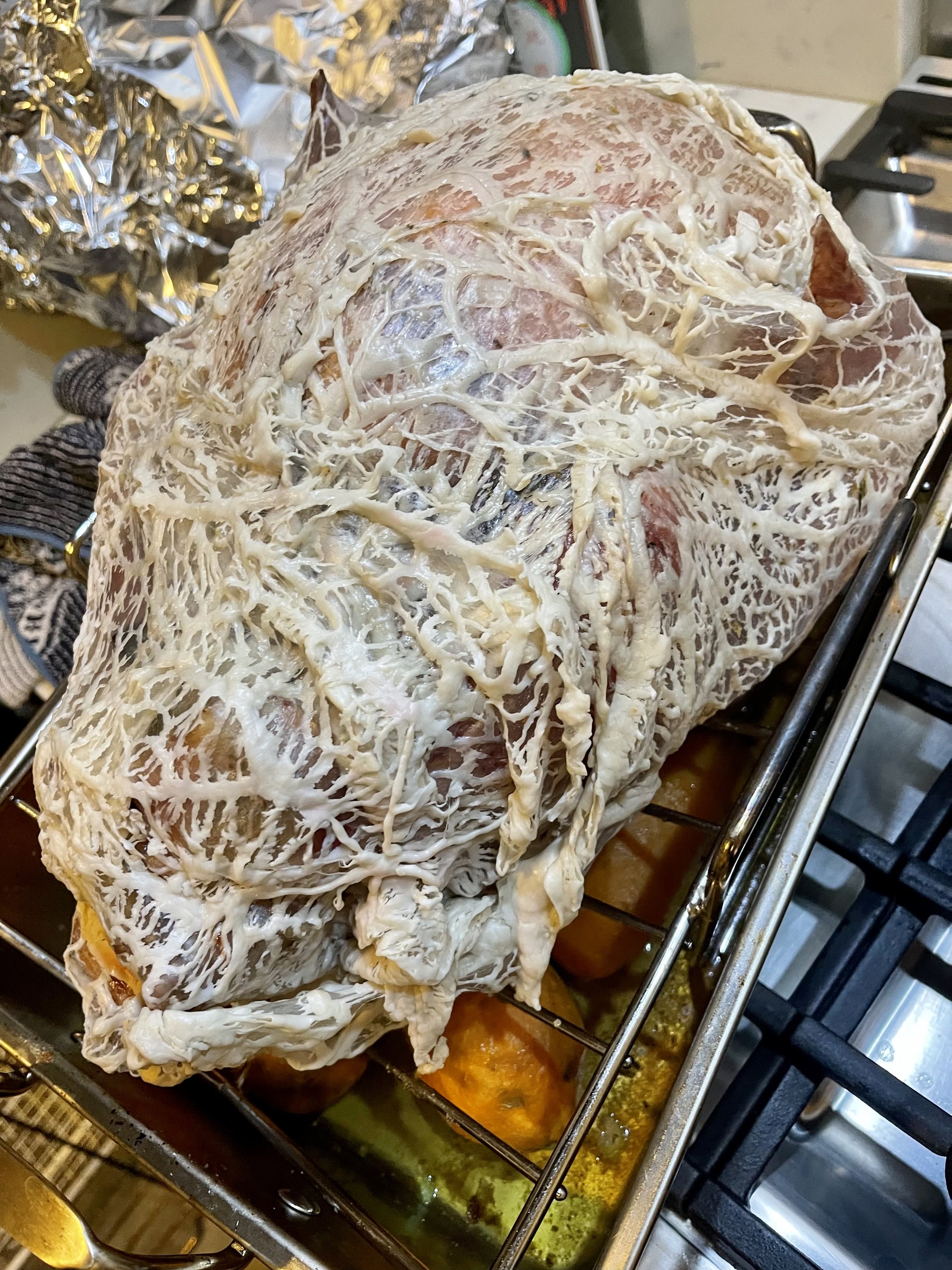 Turkey covered with caul fat