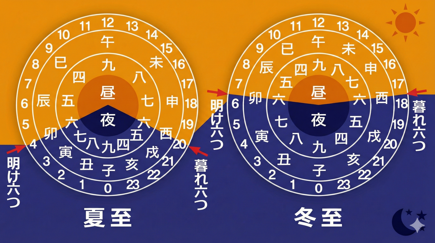 江戸時代の和時計と不定時法をイメージした図