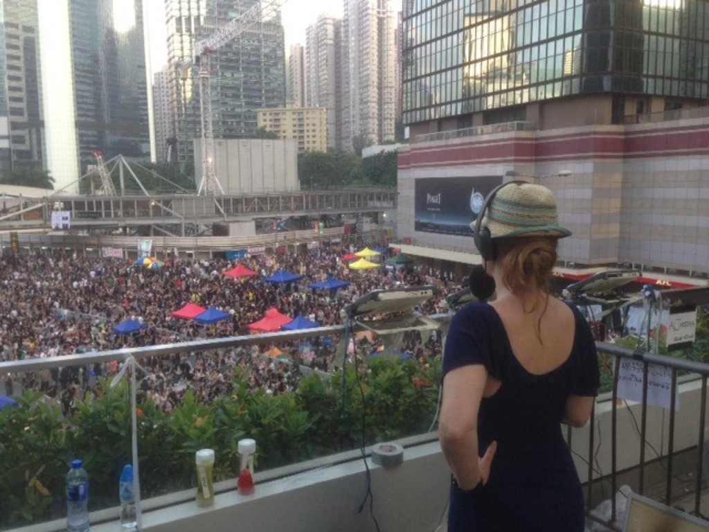 Broadcasting from the Hong Kong protests, called the Umbrella Movement