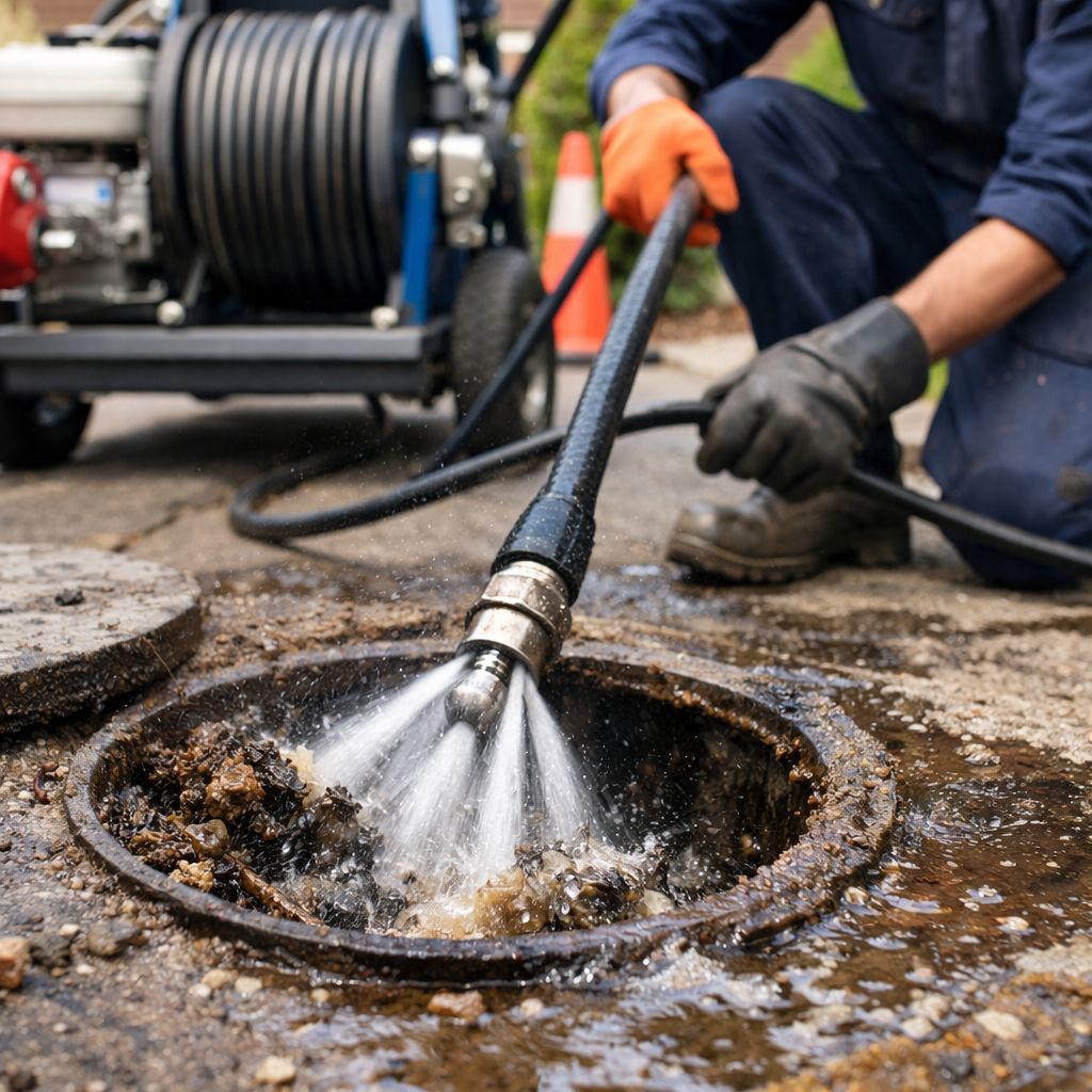 Clearing a blocked drain with hydro jetting