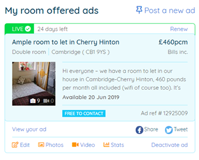 Sharing one’s ‘ownership’ of house space: looking for housemates through the house share advert discussed in the blog post, June 2019.