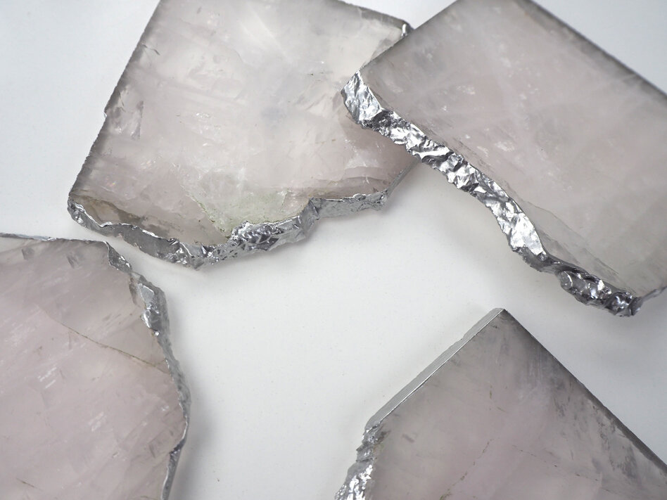 Rose Quartz Coaster with Silver Gilded Edge