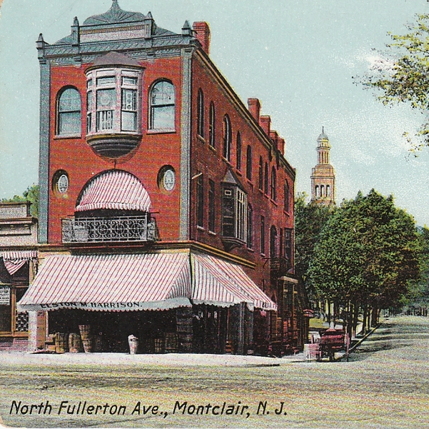  Boldly-colorized illustration (possibly from a postcard) of North Fullerton Avenue, Montclair, with large red building occupying the center and a tower in the background looming over the trees 