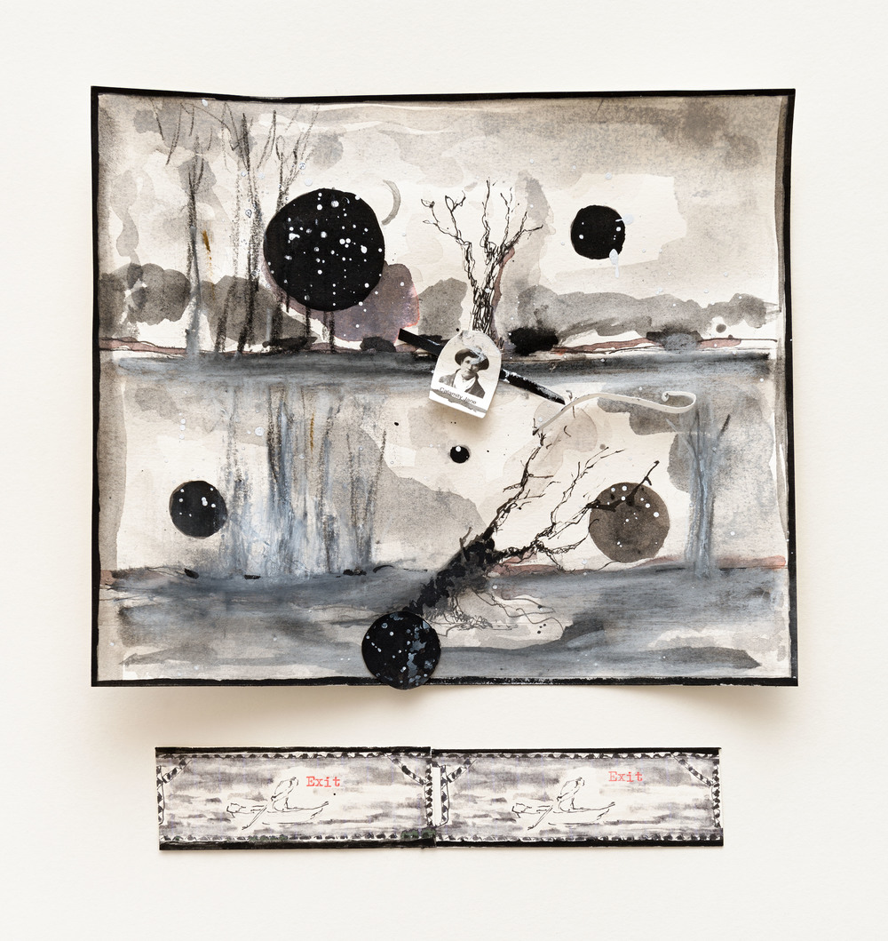 Visuel: Valérie Favre, "Exit-Exit", encre de chine, gouache, aquarelle, pastel sec, machine à écrire, 22,5 x 22 cm, 2015/2016