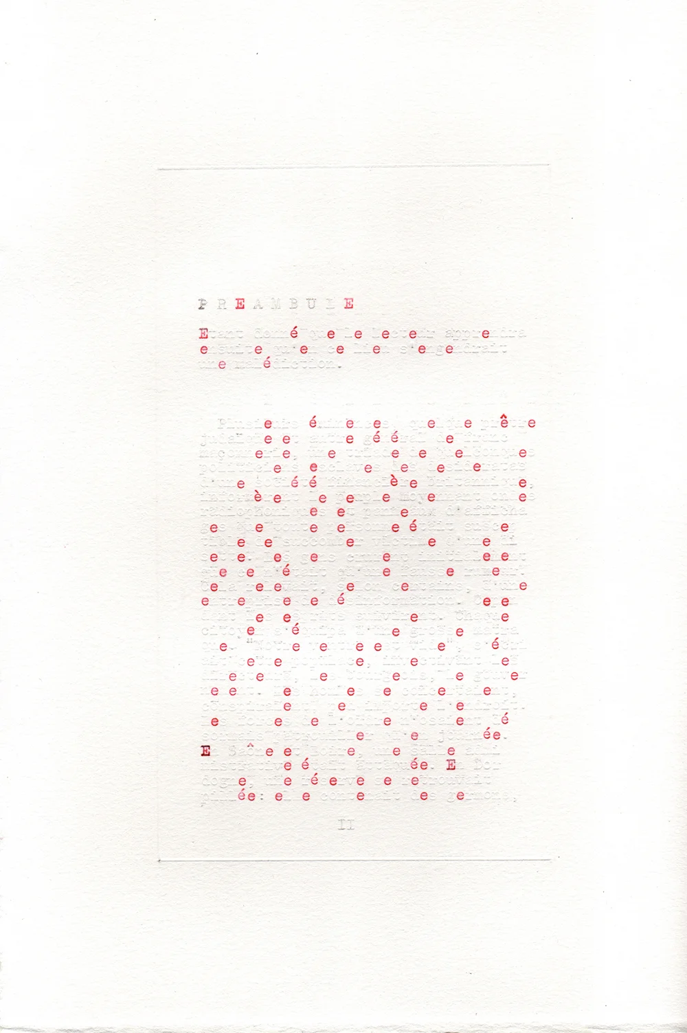 Jérémie Bennequin, "La Disparition, "Préambule", 7 pages (29,7x21 cm chacune), dactylographie rouge et frappes vides sur papier vélin, 2018.