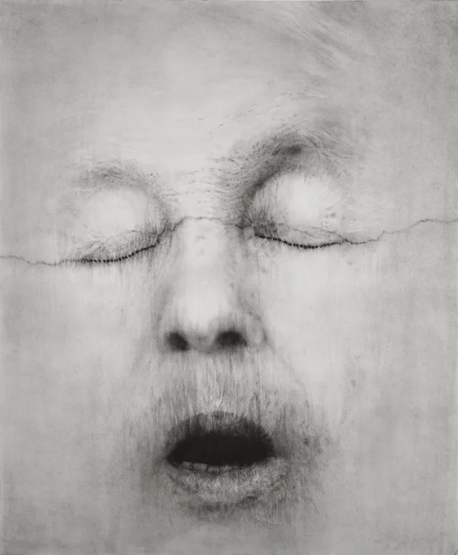 Guy Oberson, "Alice Neel after Mapplethorpe", pierre noire sur papier, 165x138 cm, 2017.