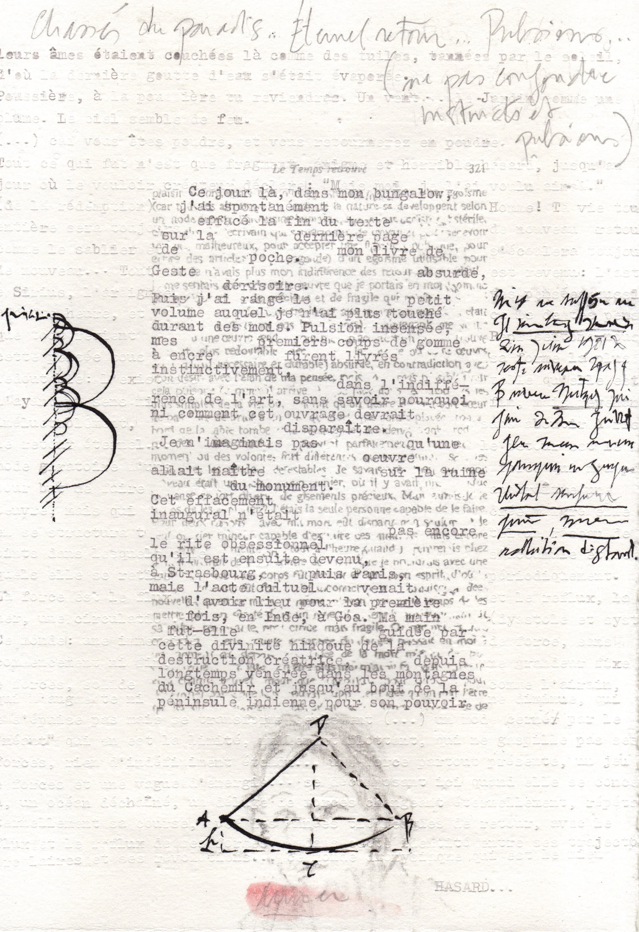 Palimpseste 013, 2019, 19,5 x 28 cm, graphite, tapuscrit, encre de chine et pigment sur papier