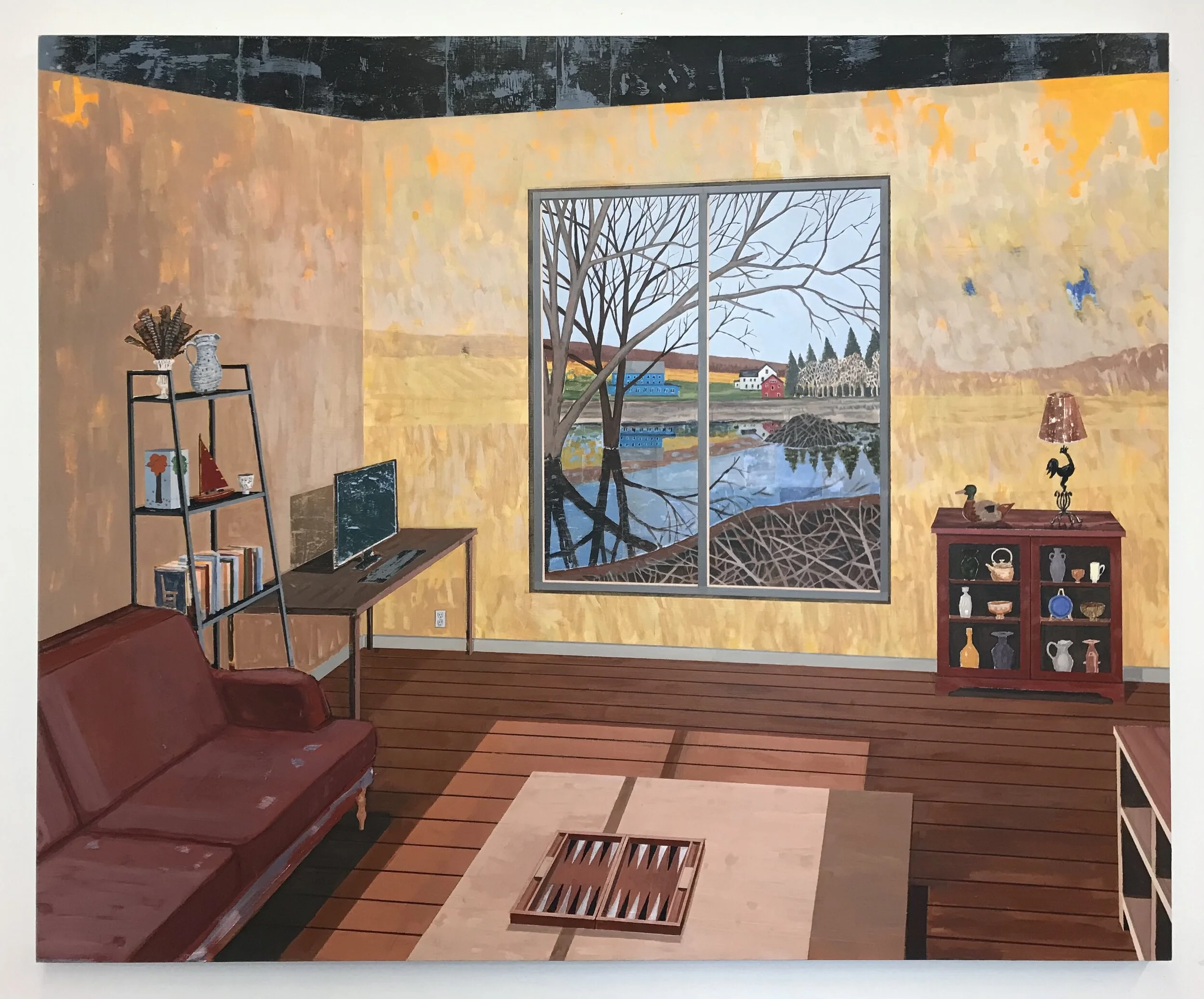 Henry Glavin, «Moe’s Window», Acrylique, encre et graphite sur bois, 139.7 x 114.3 cm, 2021 ©Henry Glavin