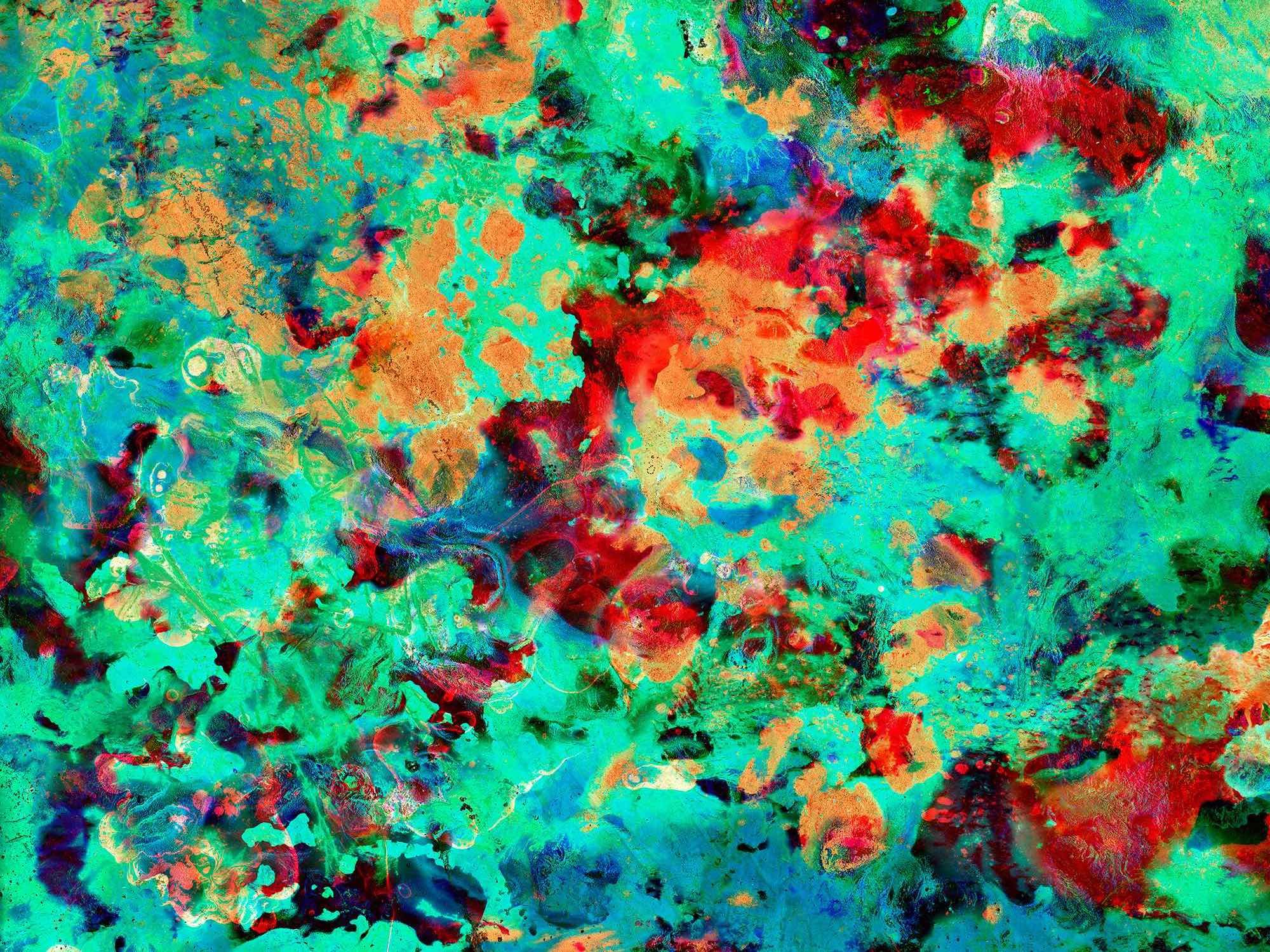 Maya Rochat, «LANGUAGE OF COLOR - Galactic Inversion 2D», impression numérique sur bannière microperforée (mesh) et peinture, 250 x 320 cm, 2023 © Maya Rochat