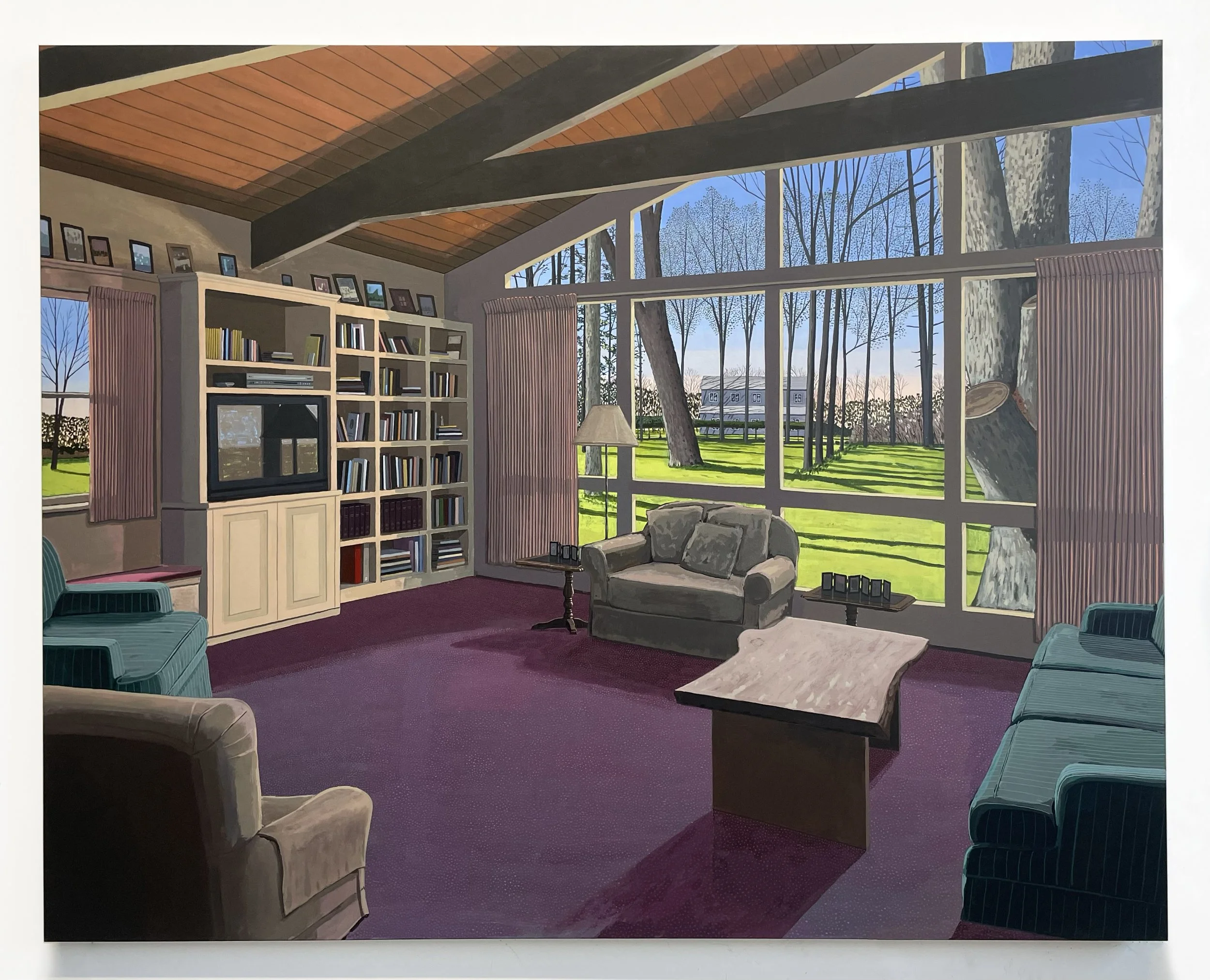 Henry Glavin, «Family Room», 2025, Acrylique sur bois, 122 x 152,5 x 3,8 cm