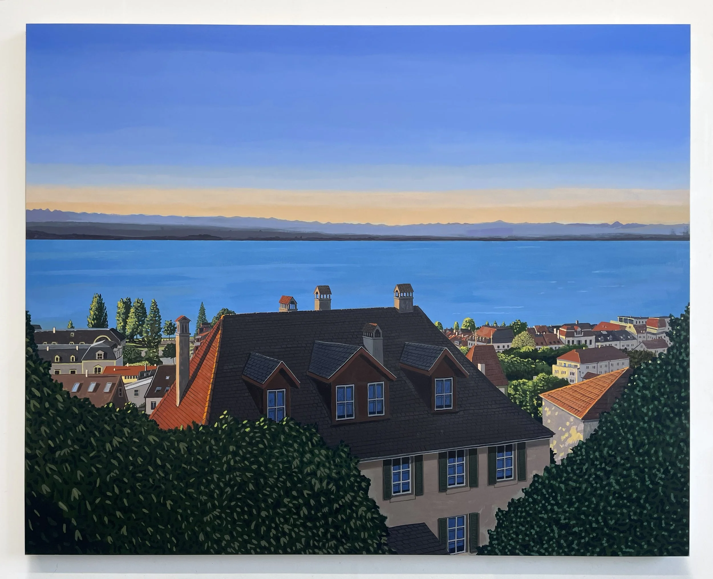 Henry Glavin, «Over the City», 2025, Acrylique sur bois, 101,5 x 127 x 3,8 cm