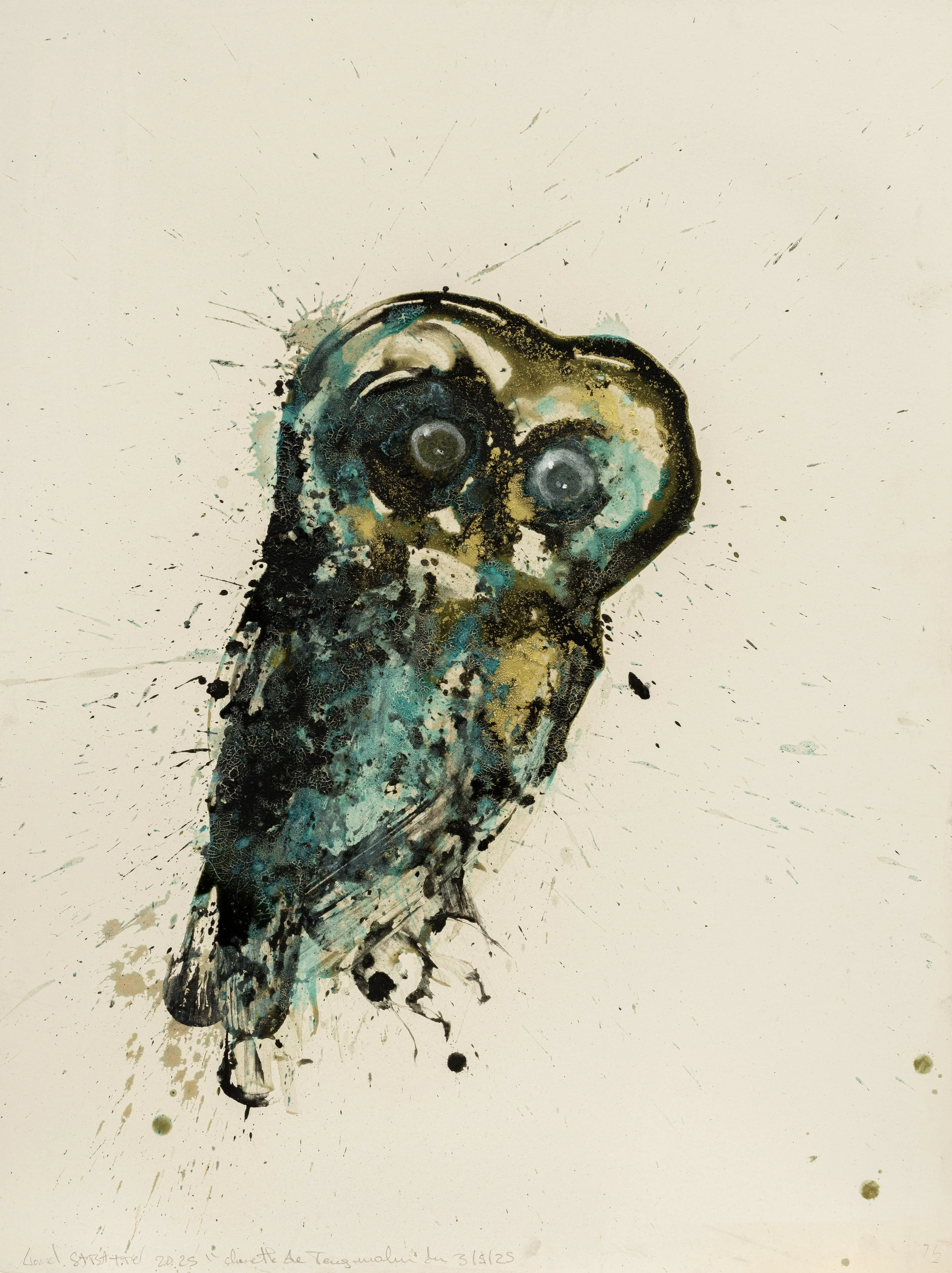 Lionel Sabatté, "Chouette de Tengmalm du 03-05-2025", 2025, Oxydation sur carton de bois, 80 x 60 cm © Gregory Copitet