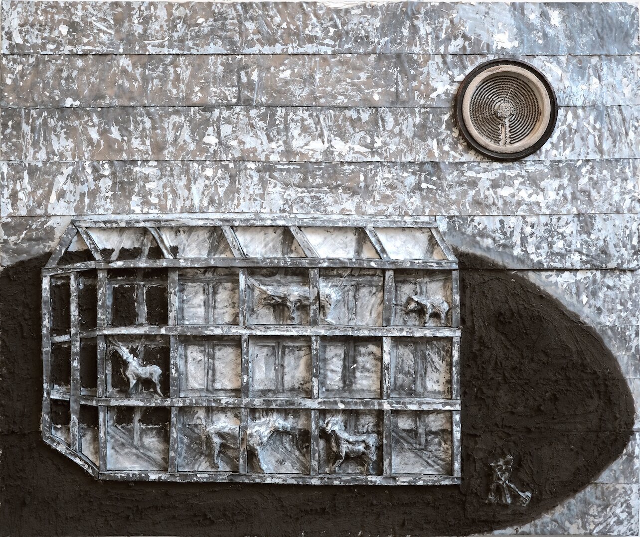 Félix Taburet, «Todtnauberg Jänner», 2025, plomb, plâtre, terre, acier, marbre, calcaire, 100 x 100 x 6 cm