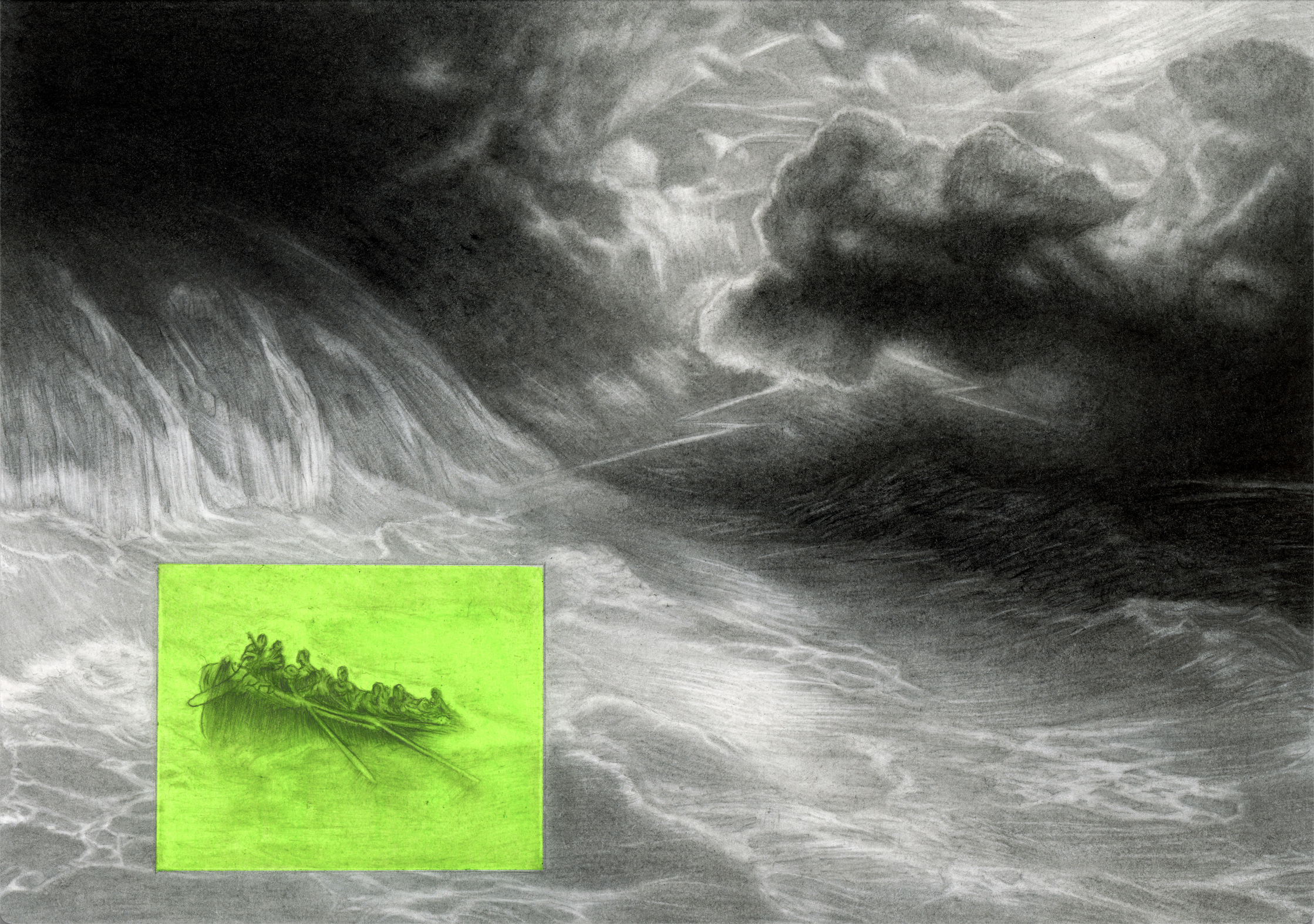 Tiziano Foucault-Gini, «Les Lucioles, Ouragan», À partir de Ivan Aïvazovski, «La Colère de la mer», 1886, 2026, Graphite et encre sur papier, cadre en acier, 14,8 x 21 cm