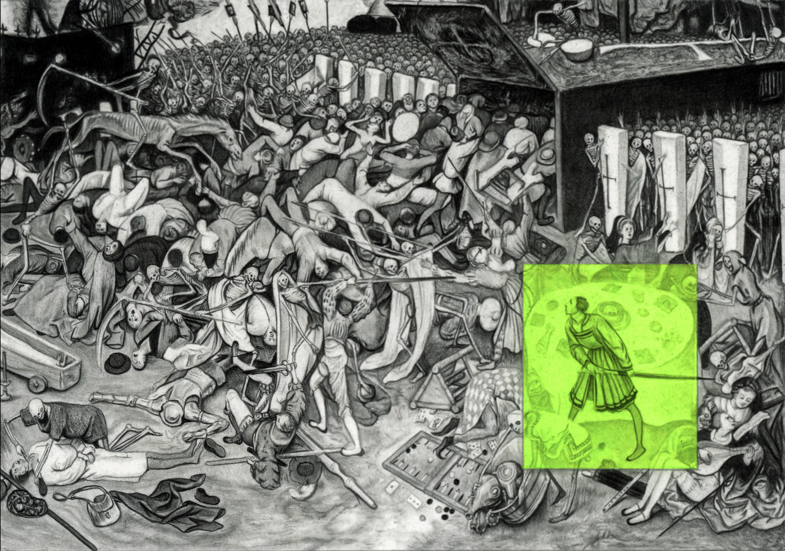 Tiziano Foucault-Gini, «Les Lucioles, Guerre» À partir de Bruegel l’Ancien, «Le Triomphe de la Mort», 1562, 2026, Graphite et encre sur papier, cadre en acier, 14,8 x 21 cm