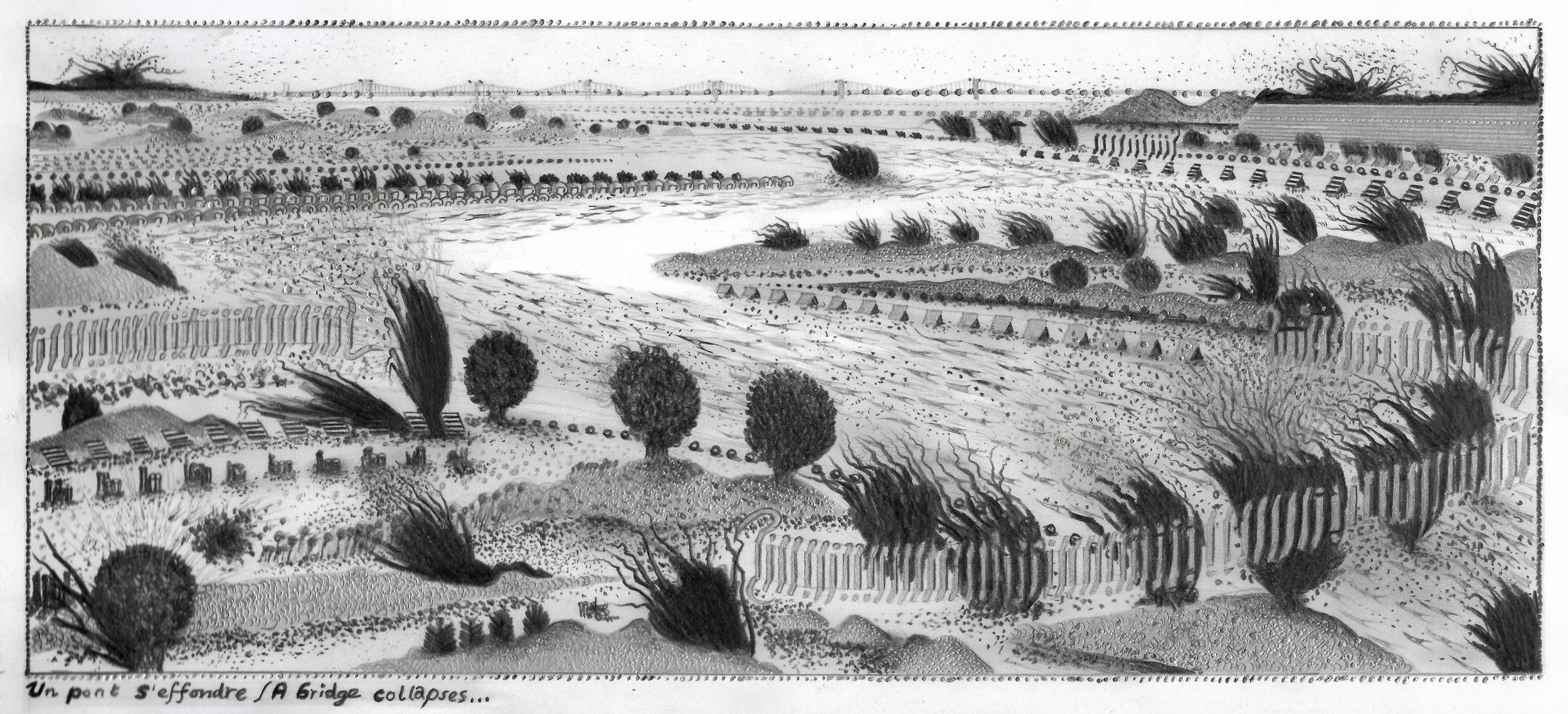 Hipkiss, «1410 - A Bridge Collapses», 2022, mine de plombe / encre / feuille métallique sur papier Fabriano 4, encadré, 15 x 32 cm