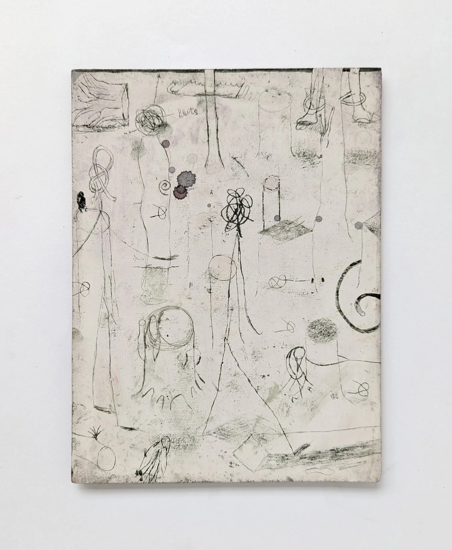 Holly Mills, «knots», transfert d'huile et aquarelle sur carton enduit de gesso, 20 x 15 cm, 2025