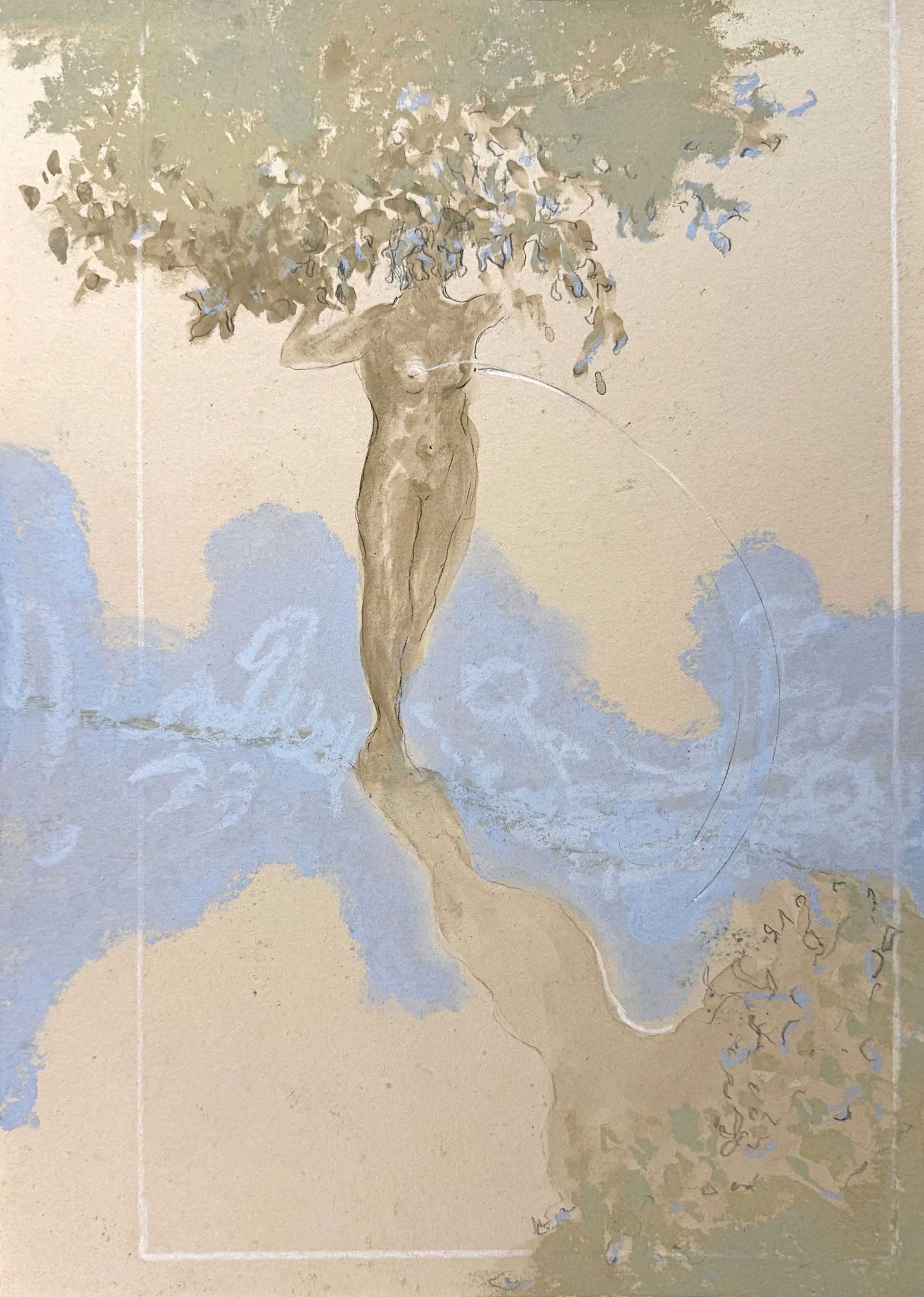 Emeli Theander, «Finding space», 2025, Graphite, aquarelle et pastel sec sur papier teinté, 29,7 x 21 cm