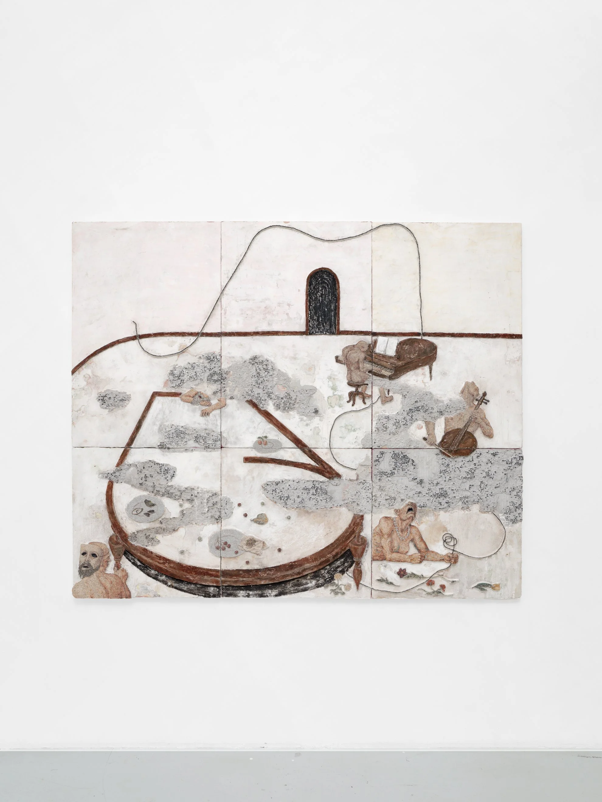 Hannah Becquante & Félix Taburet « Emondée, refleurie», 2026 Marbre, pierre calcaire, pigments, pastels à l'huile, mortier, plâtre 150 x 180 x 7 cm